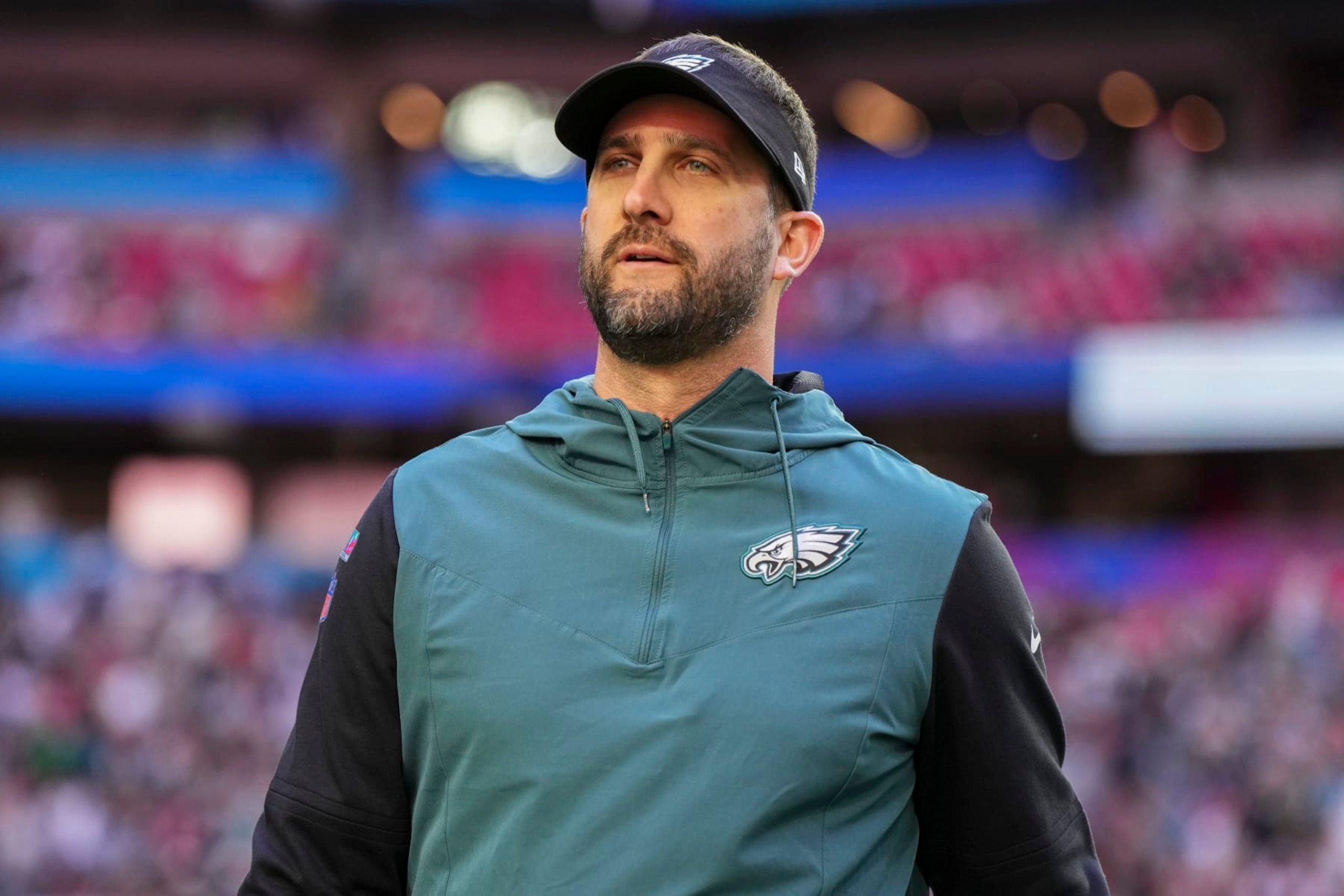 GLENDALE, AZ - FEBRUARY 12: Nick Sirianni of the Philadelphia Eagles greets players against the Kansas City Chiefs prior to Super Bowl LVII at State Farm Stadium on February 12, 2023 in Glendale, Arizona. (Photo by Cooper Neill/Getty Images)