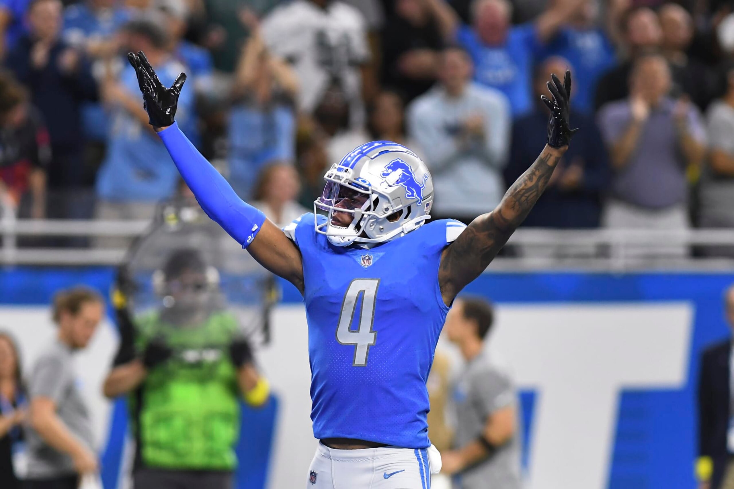 Detroit Lions wide receiver DJ Chark celebrates his 22-yard touchdown reception against the Philadelphia Eagles in the second half of an NFL football game in Detroit, Sunday, Sept. 11, 2022. (AP Photo/Lon Horwedel)