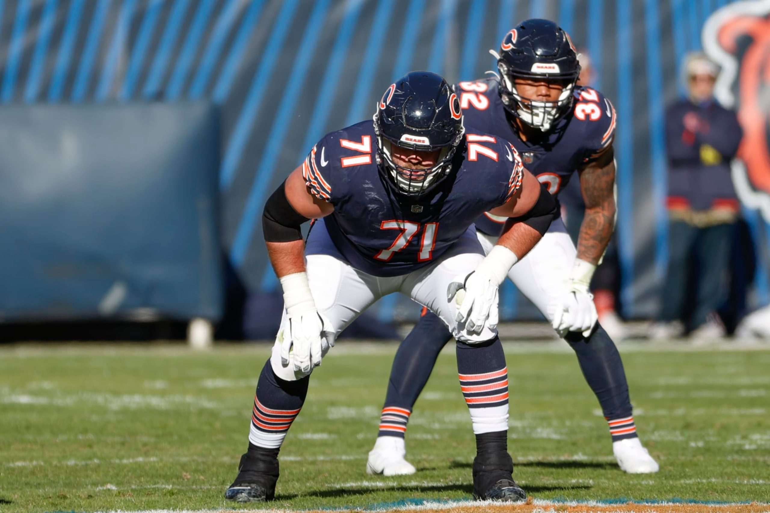 Chicago Bears offensive tackle Riley Reiff (71) blocks during the first half of an NFL football game against the Green Bay Packers, Sunday, Dec. 4, 2022, in Chicago. (AP Photo/Kamil Krzaczynski)