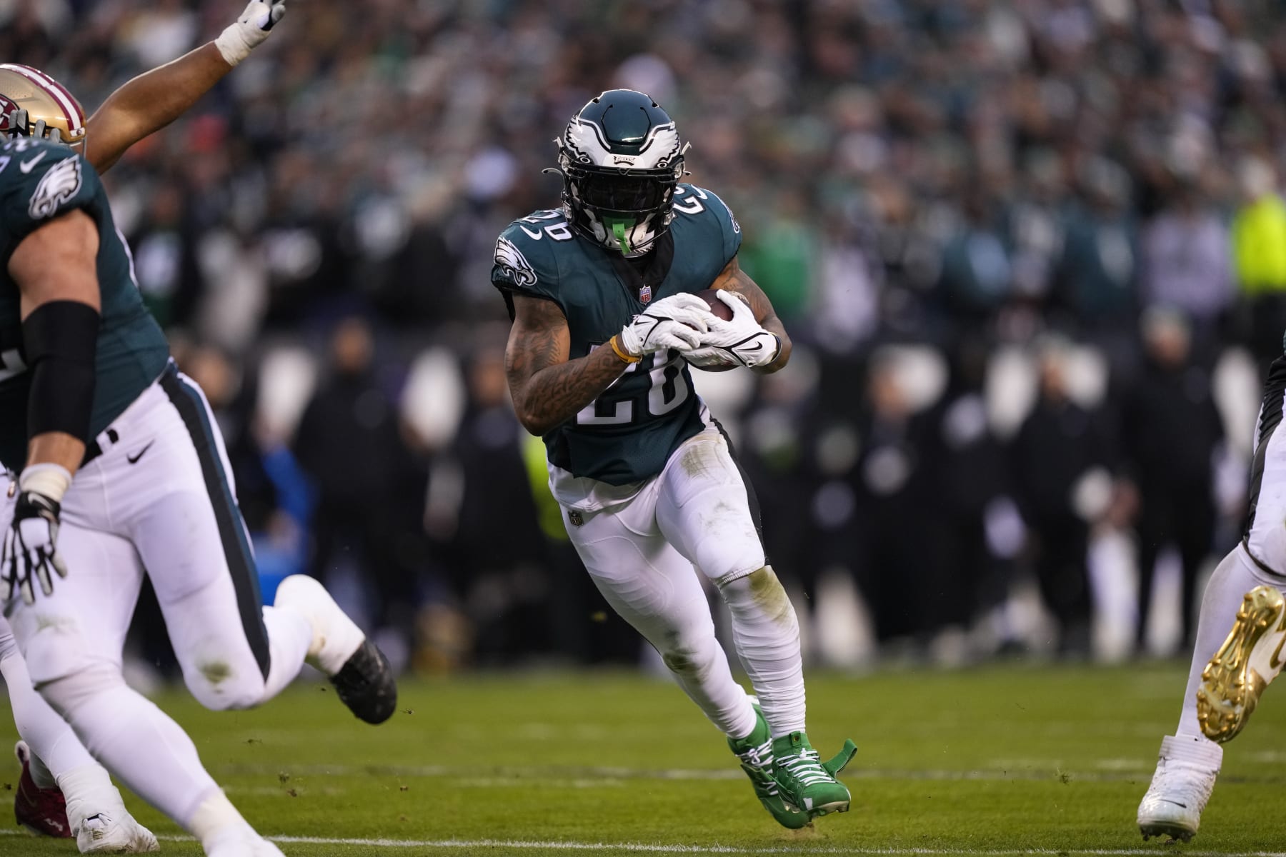 Philadelphia Eagles' Miles Sanders in action during the NFC Championship NFL football game on Sunday, Jan. 29, 2023, in Philadelphia. (AP Photo/Matt Rourke)