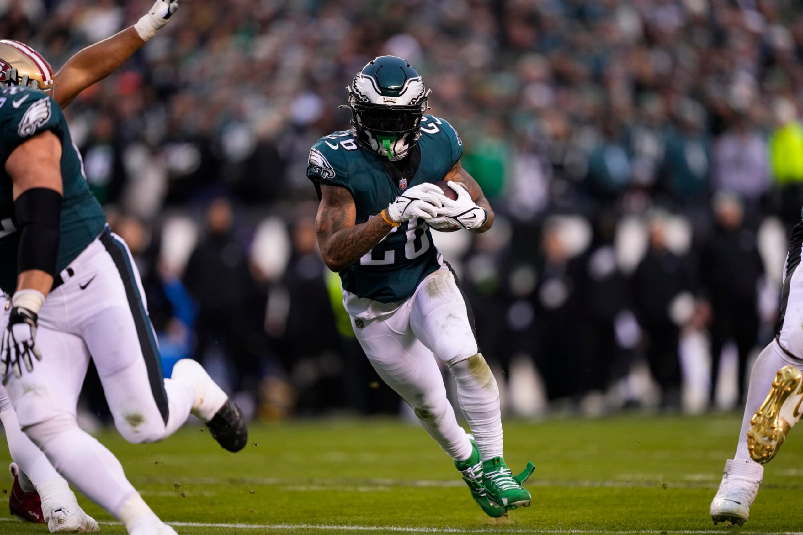 Philadelphia Eagles' Miles Sanders in action during the NFC Championship NFL football game on Sunday, Jan. 29, 2023, in Philadelphia. (AP Photo/Matt Rourke) Philadelphia Eagles' Miles Sanders in action during the NFC Championship NFL football game on Sunday, Jan. 29, 2023, in Philadelphia. (AP Photo/Matt Rourke)
