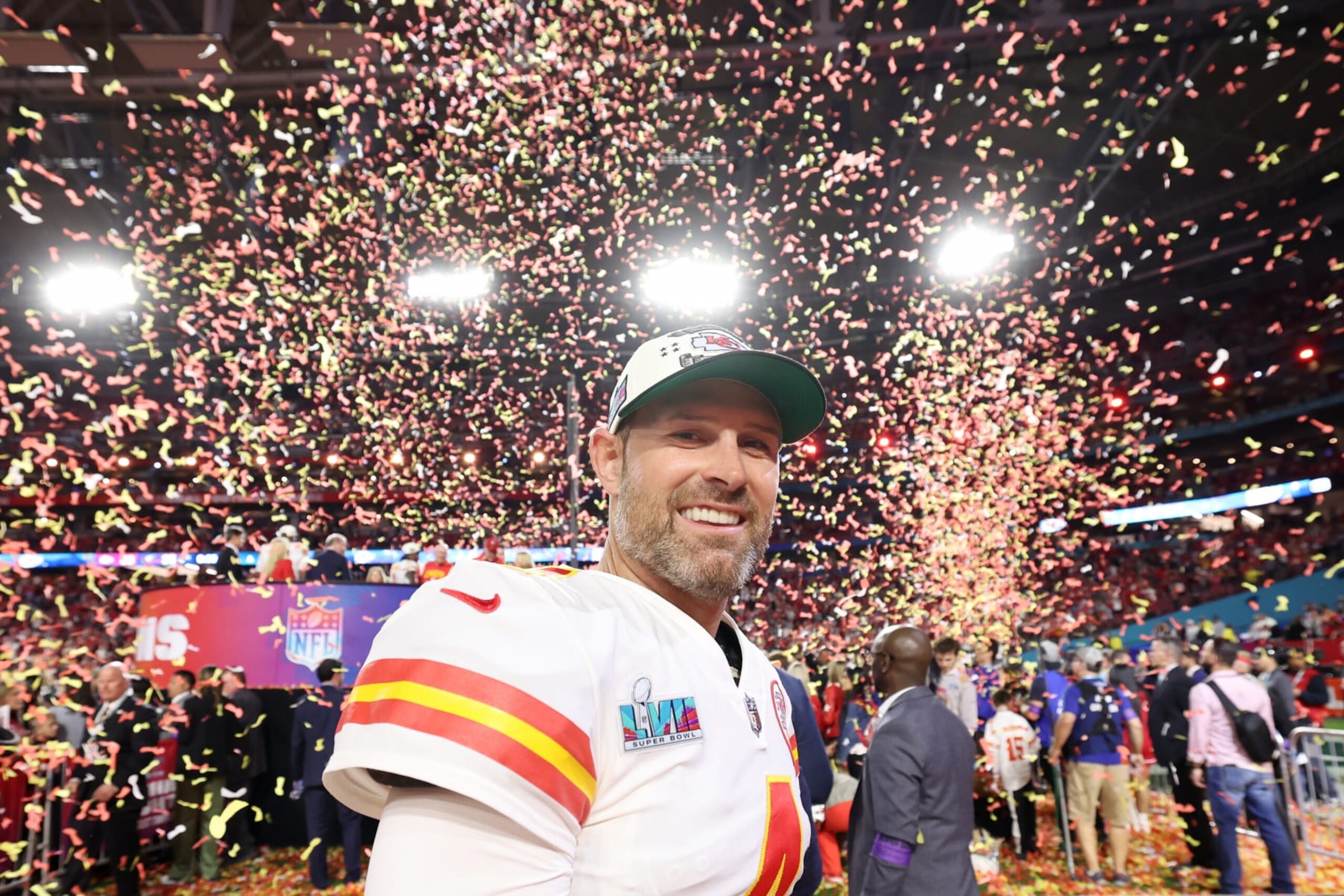 GLENDALE, ARIZONA - FEBRUARY 12: Chad Henne #4 of the Kansas City Chiefs celebrates after defeating the Philadelphia Eagles 38-35 in Super Bowl LVII at State Farm Stadium on February 12, 2023 in Glendale, Arizona. (Photo by Christian Petersen/Getty Images) GLENDALE, ARIZONA - FEBRUARY 12: Chad Henne #4 of the Kansas City Chiefs celebrates after defeating the Philadelphia Eagles 38-35 in Super Bowl LVII at State Farm Stadium on February 12, 2023 in Glendale, Arizona. (Photo by Christian Petersen/Getty Images)