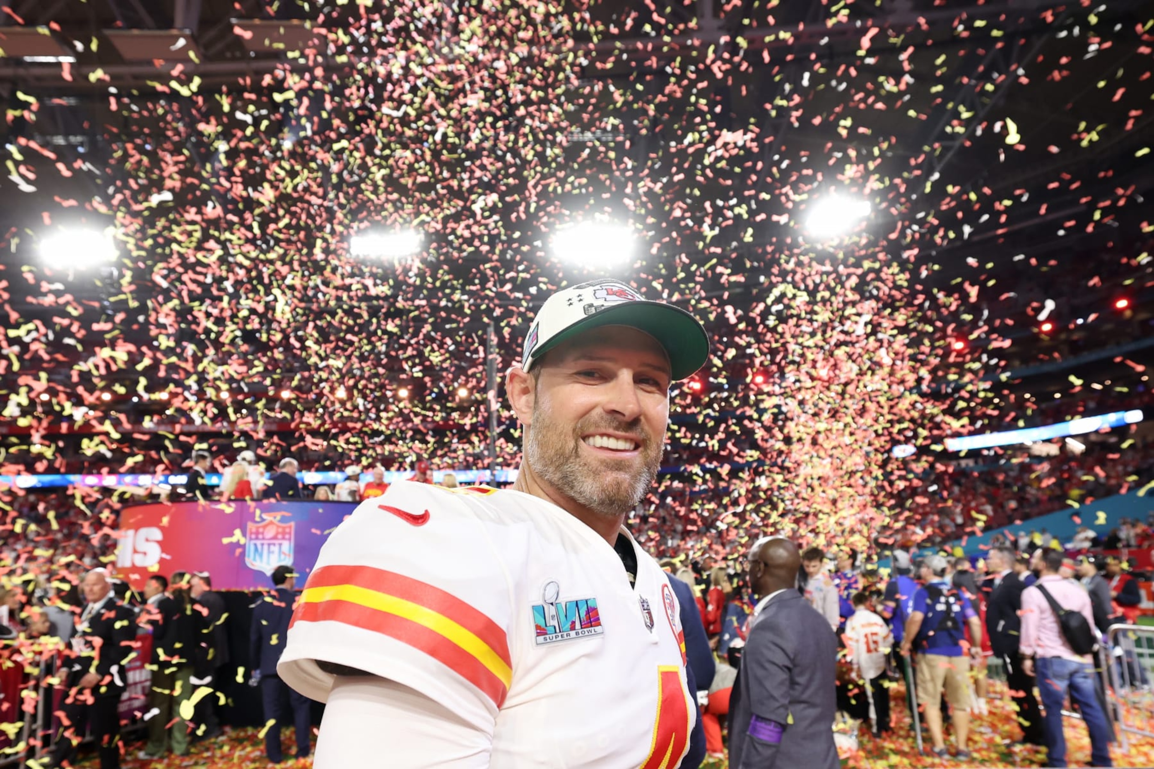 GLENDALE, ARIZONA - FEBRUARY 12: Chad Henne #4 of the Kansas City Chiefs celebrates after defeating the Philadelphia Eagles 38-35 in Super Bowl LVII at State Farm Stadium on February 12, 2023 in Glendale, Arizona. (Photo by Christian Petersen/Getty Images)