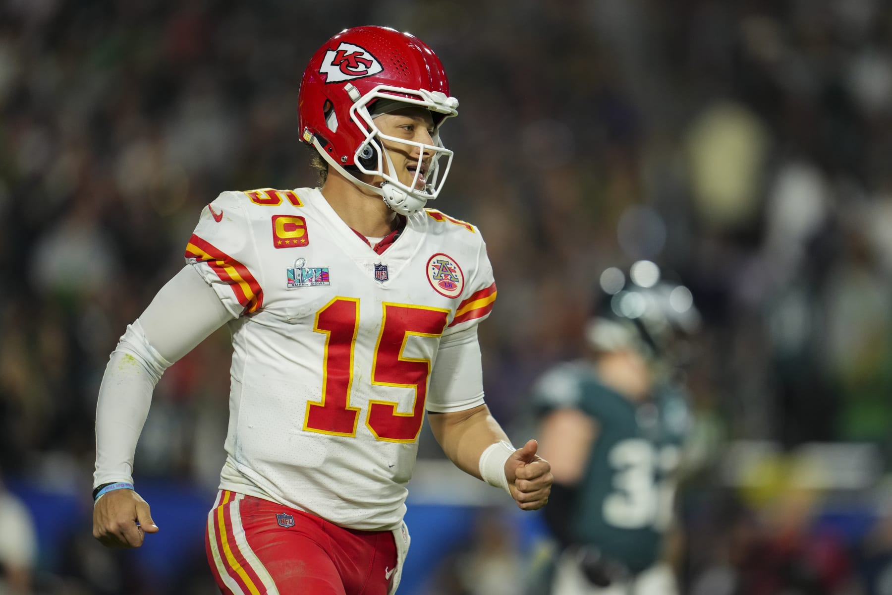 GLENDALE, AZ - FEBRUARY 12: Patrick Mahomes #15 of the Kansas City Chiefs celebrates against the Philadelphia Eagles during the fourth quarter in Super Bowl LVII at State Farm Stadium on February 12, 2023 in Glendale, Arizona. (Photo by Cooper Neill/Getty Images)