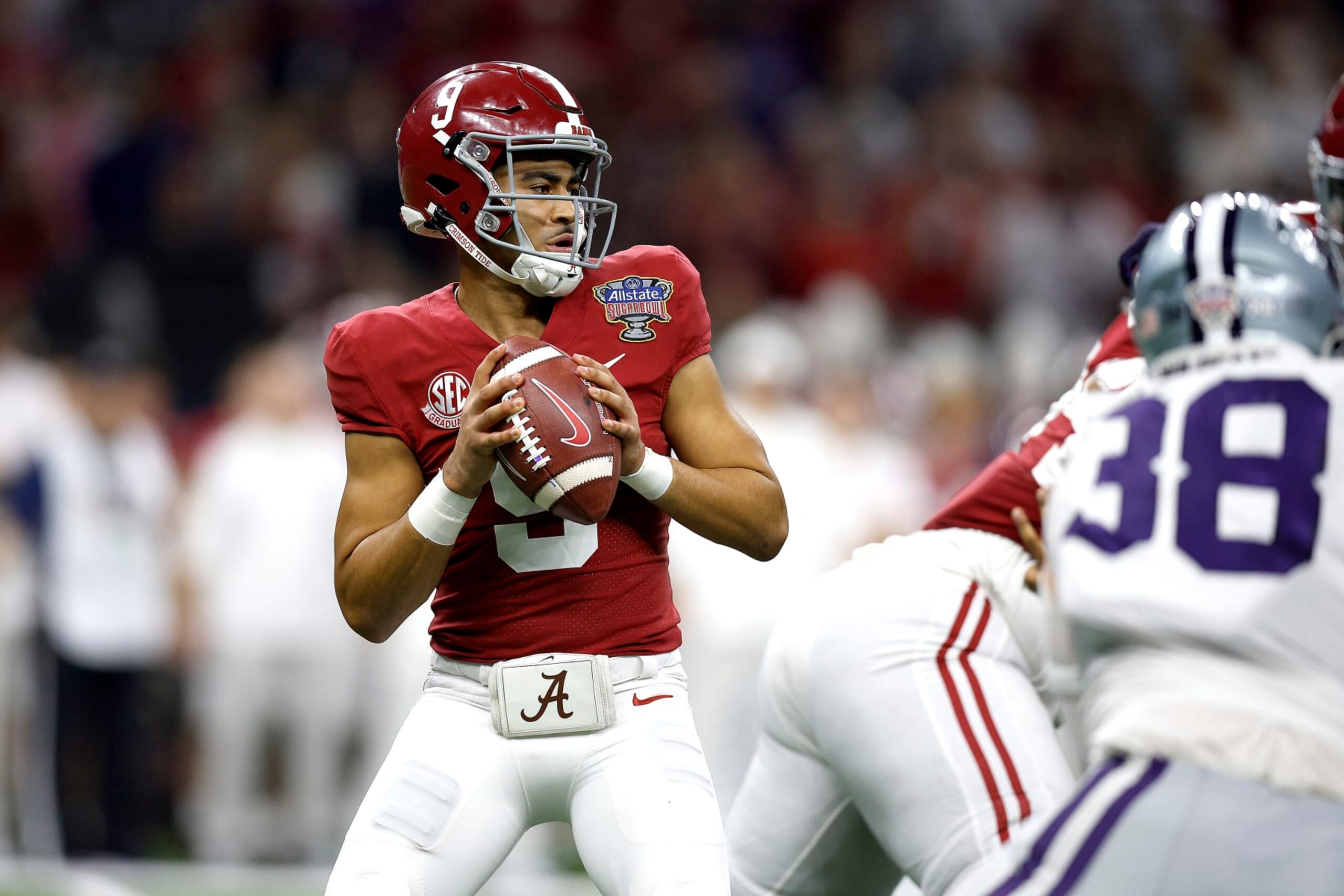 NEW ORLEANS, LOUISIANA - DECEMBER 31: Bryce Young #9 of the Alabama Crimson Tide looks to pass during the second quarter of the Allstate Sugar Bowl against the Kansas State Wildcats at Caesars Superdome on December 31, 2022 in New Orleans, Louisiana. (Photo by Sean Gardner/Getty Images)