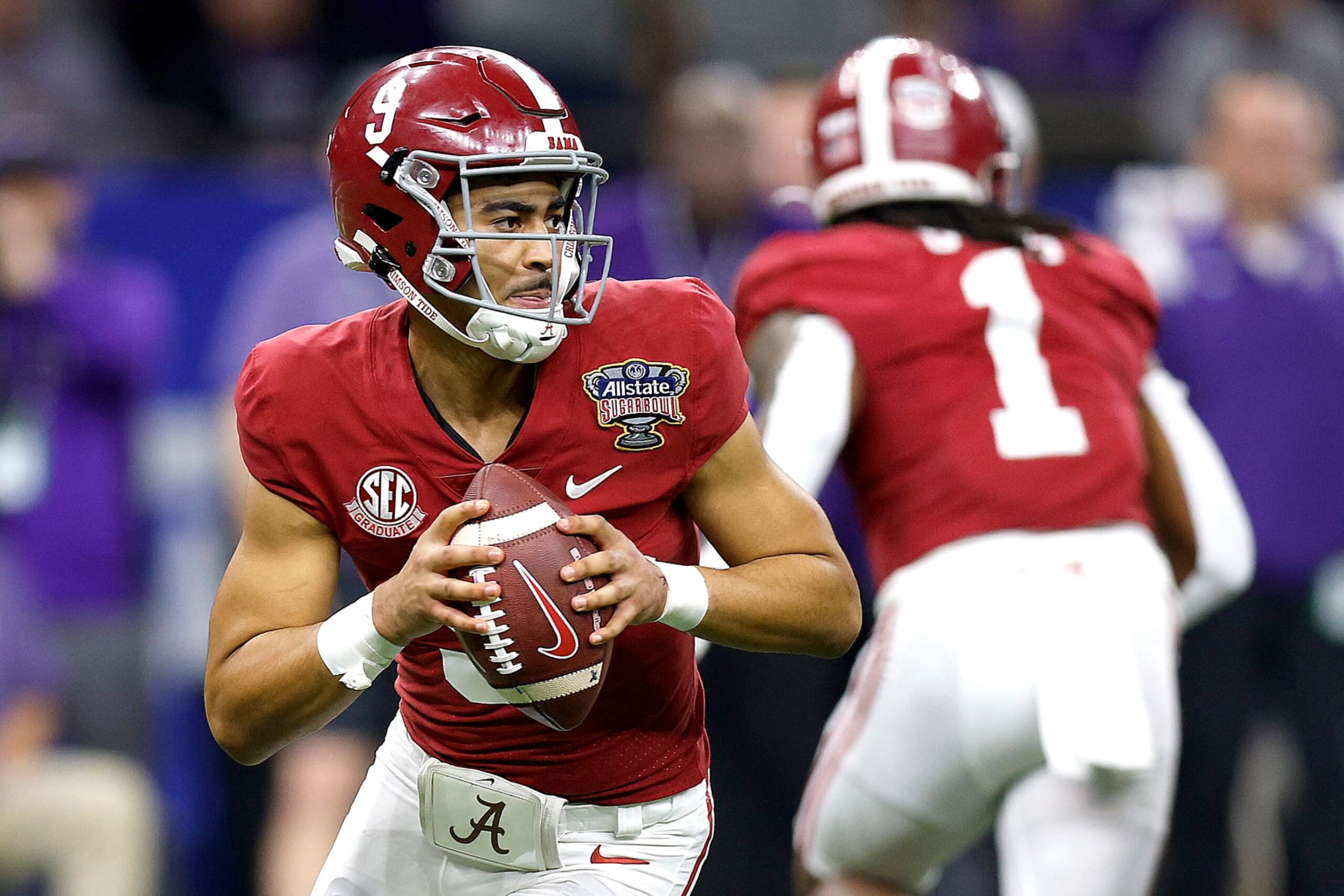 NEW ORLEANS, LOUISIANA - DECEMBER 31: Bryce Young #9 of the Alabama Crimson Tide looks to pass during the second quarter of the Allstate Sugar Bowl against the Kansas State Wildcats at Caesars Superdome on December 31, 2022 in New Orleans, Louisiana. (Photo by Sean Gardner/Getty Images)
