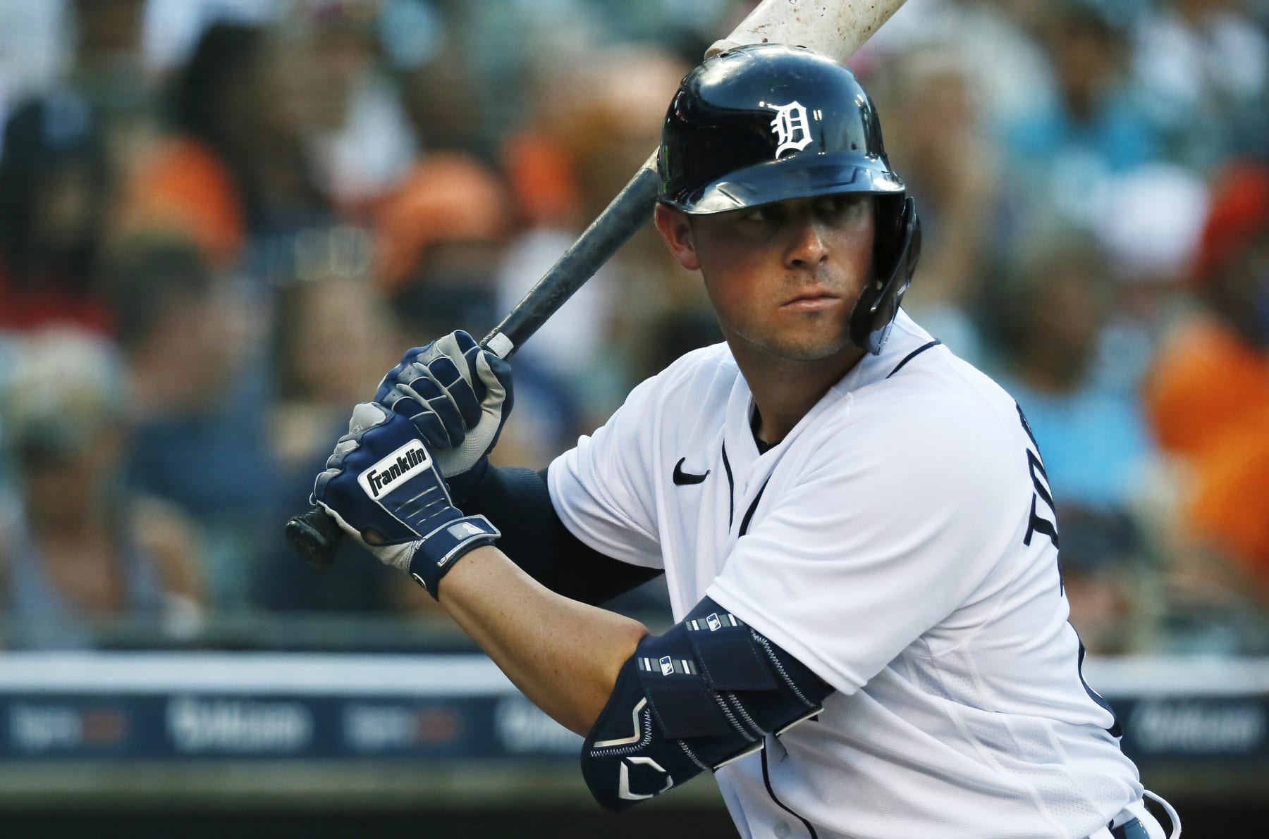 DETROIT, MI -  SEPTEMBER 3:  Spencer Torkelson #20 of the Detroit Tigers wears Franklin batting gloves during a game against the Kansas City Royals at Comerica Park on September 3, 2022, in Detroit, Michigan. (Photo by Duane Burleson/Getty Images)