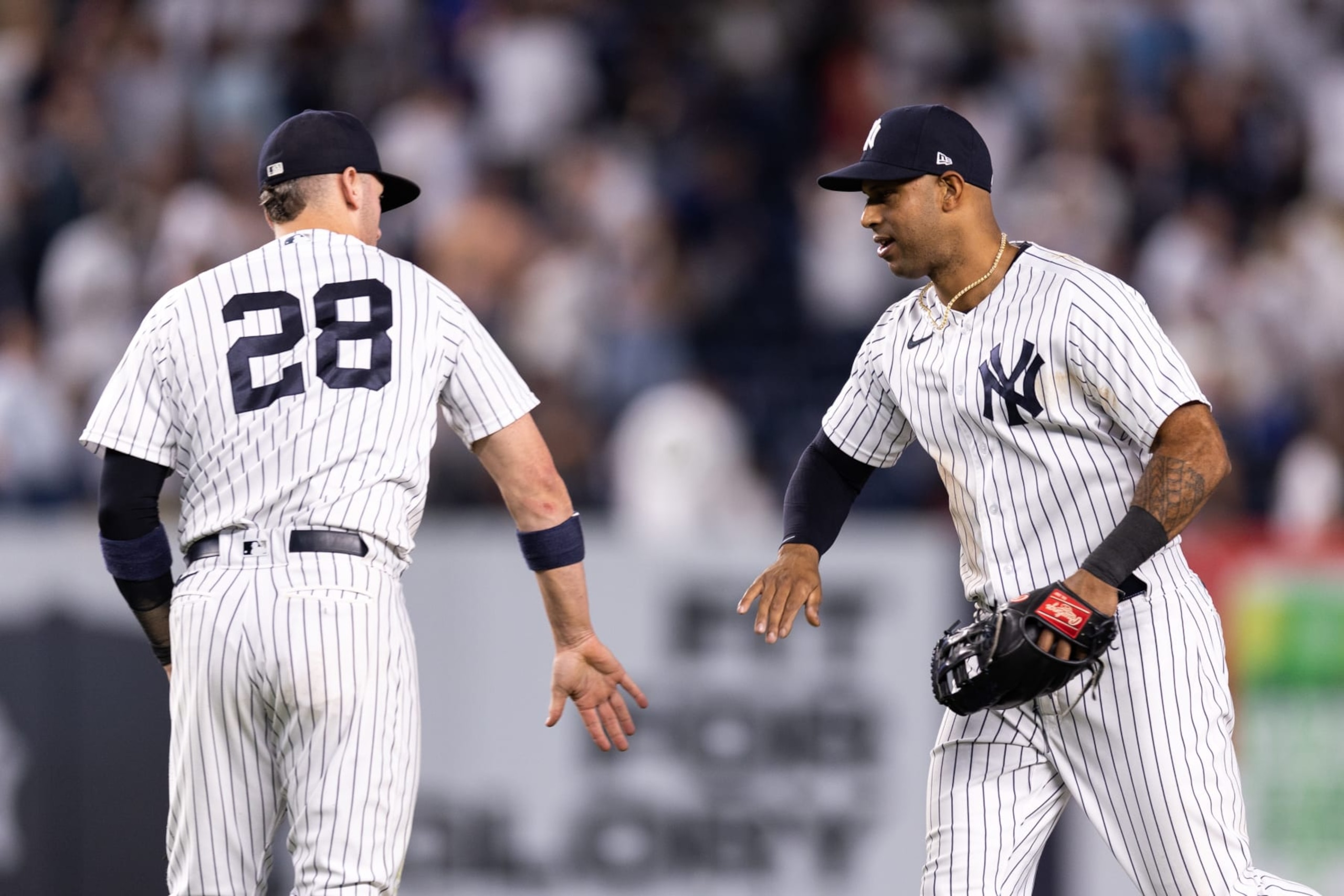NEW YORK, NEW YORK - JUNE 28: Aaron Hicks #31 and Josh Donaldson #28 of the New York Yankees celebrate after a 2-1 victory in the game against the Oakland Athletics at Yankee Stadium on June 28, 2022 in New York City. (Photo by Dustin Satloff/Getty Images) NEW YORK, NEW YORK - JUNE 28: Aaron Hicks #31 and Josh Donaldson #28 of the New York Yankees celebrate after a 2-1 victory in the game against the Oakland Athletics at Yankee Stadium on June 28, 2022 in New York City. (Photo by Dustin Satloff/Getty Images)