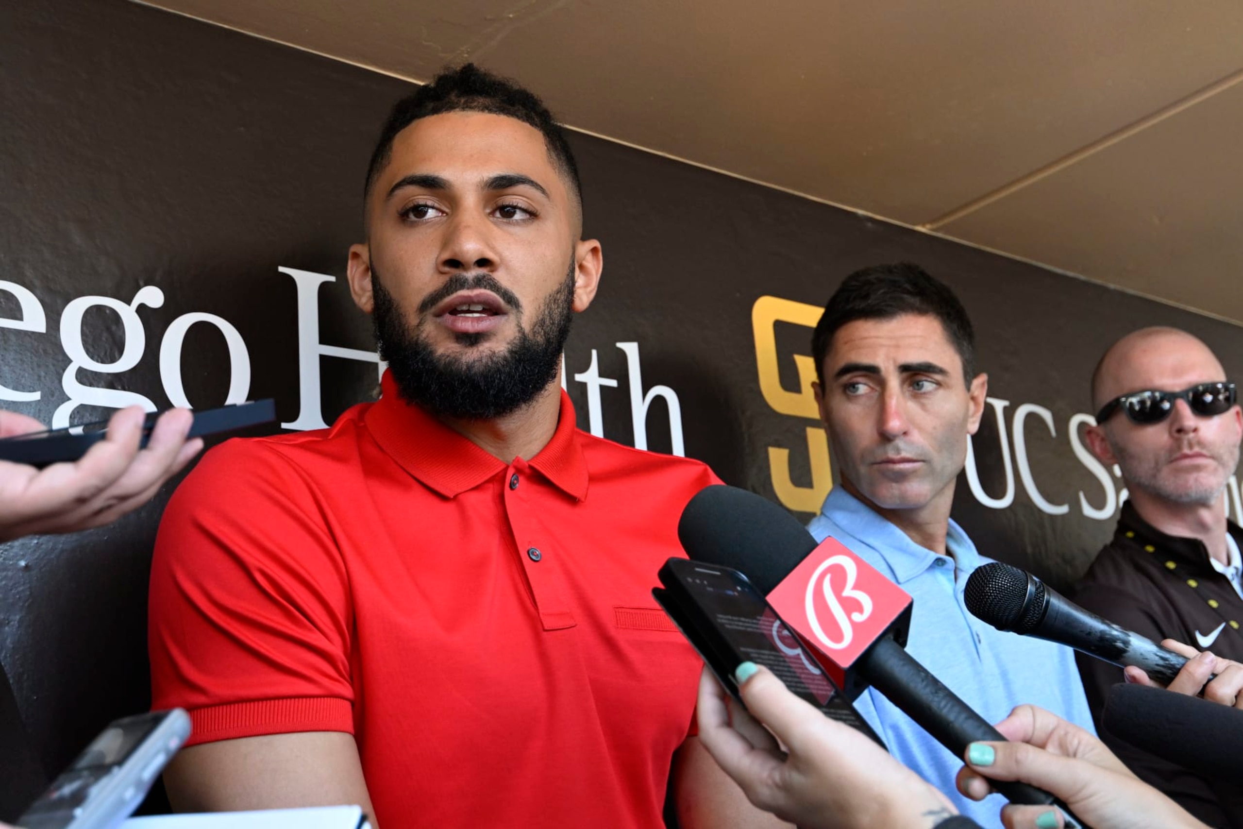 SAN DIEGO, CA - AUGUST 23: Fernando Tatis Jr. #23 of the San Diego Padres answers a question during a news conference before a game against the Cleveland Guardians August 23, 2022 at Petco Park in San Diego, California. (Photo by Denis Poroy/Getty Images) SAN DIEGO, CA - AUGUST 23: Fernando Tatis Jr. #23 of the San Diego Padres answers a question during a news conference before a game against the Cleveland Guardians August 23, 2022 at Petco Park in San Diego, California. (Photo by Denis Poroy/Getty Images)