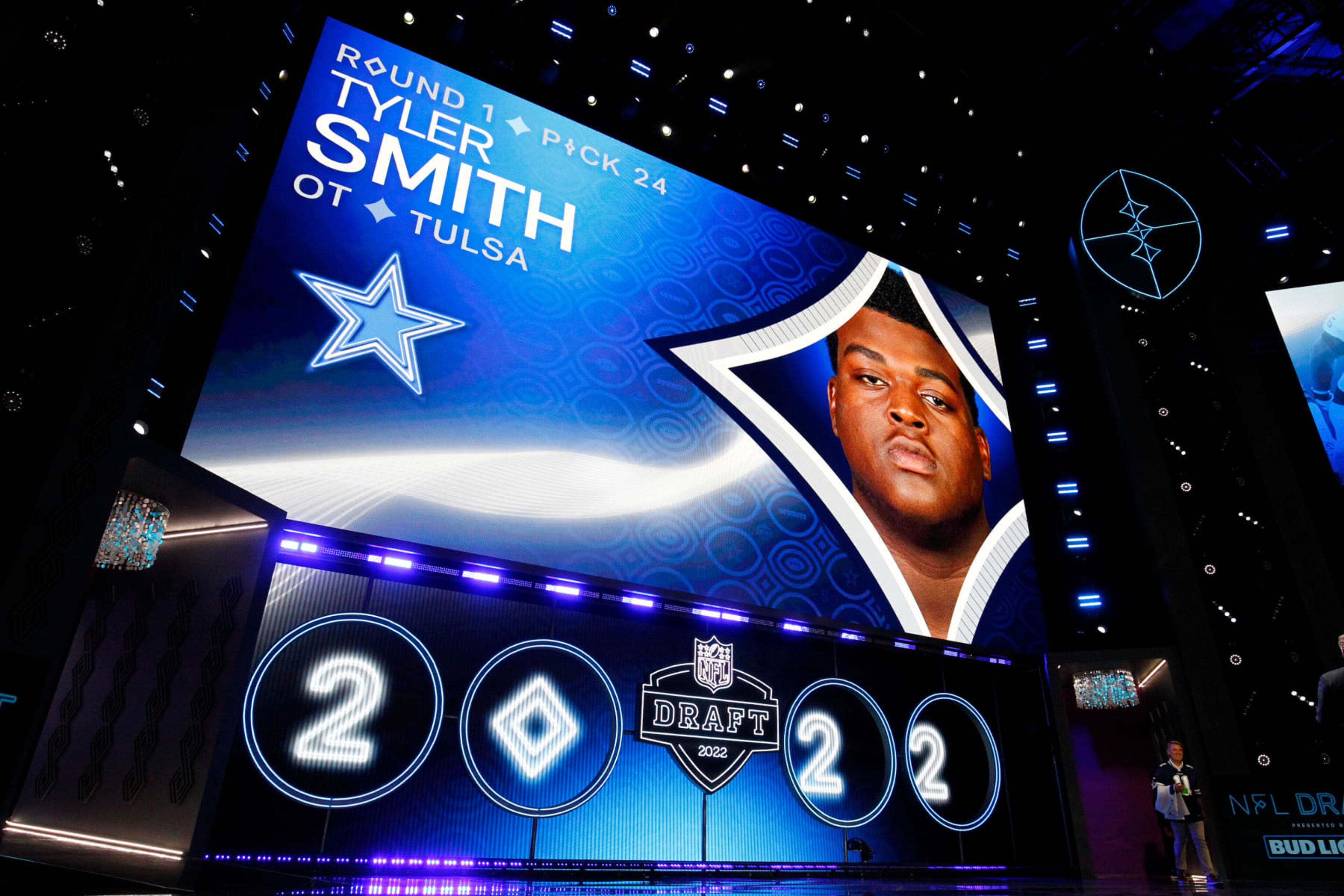 LAS VEGAS, NV - APRIL 28: Tyler Smith, Tulsa is selected as the number 24 pick by the Dallas Cowboys during the NFL Draft on April 28, 2022 in Las Vegas, Nevada. (Photo by Jeff Speer/Icon Sportswire via Getty Images) LAS VEGAS, NV - APRIL 28: Tyler Smith, Tulsa is selected as the number 24 pick by the Dallas Cowboys during the NFL Draft on April 28, 2022 in Las Vegas, Nevada. (Photo by Jeff Speer/Icon Sportswire via Getty Images)