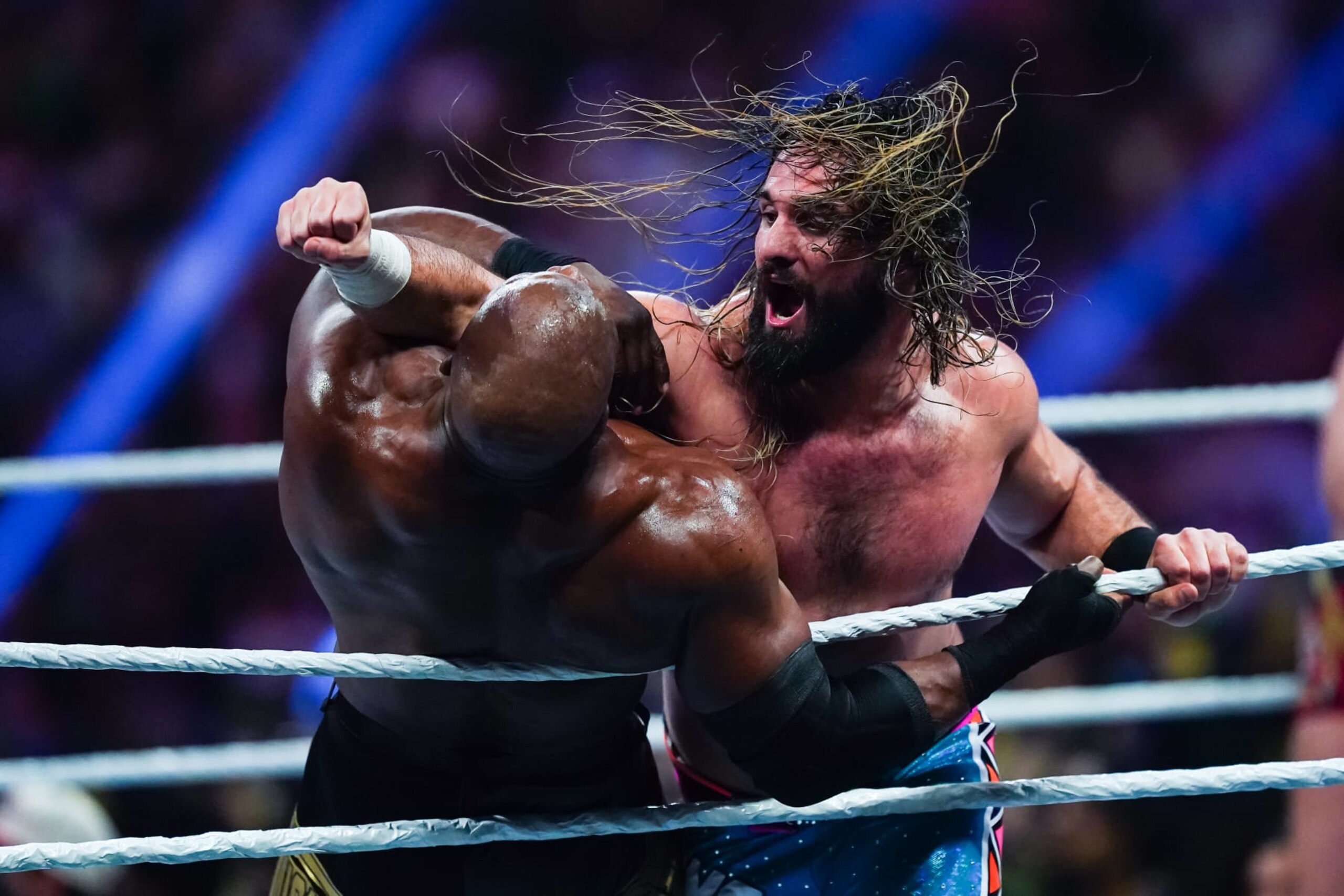 SAN ANTONIO, TEXAS - JANUARY 28: Bobby Lashley and Seth Rollins wrestle during the WWE Royal Rumble at the Alamodome on January 28, 2023 in San Antonio, Texas. (Photo by Alex Bierens de Haan/Getty Images)
