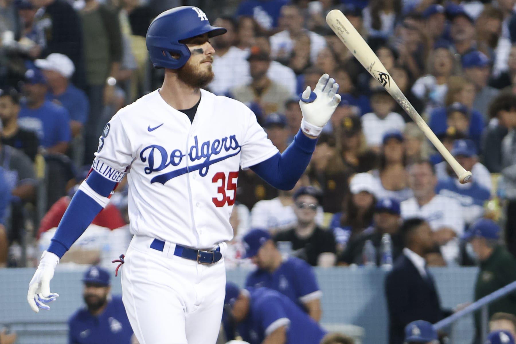 Los Angeles, CA - October 12: Los Angeles Dodgers Cody Bellinger tosses his bat after striking out during the second inning in game two of the NLDS against the San Diego Padres at Dodger Stadium on Wednesday, Oct. 12, 2022 in Los Angeles, CA.(Robert Gauthier / Los Angeles Times via Getty Images)