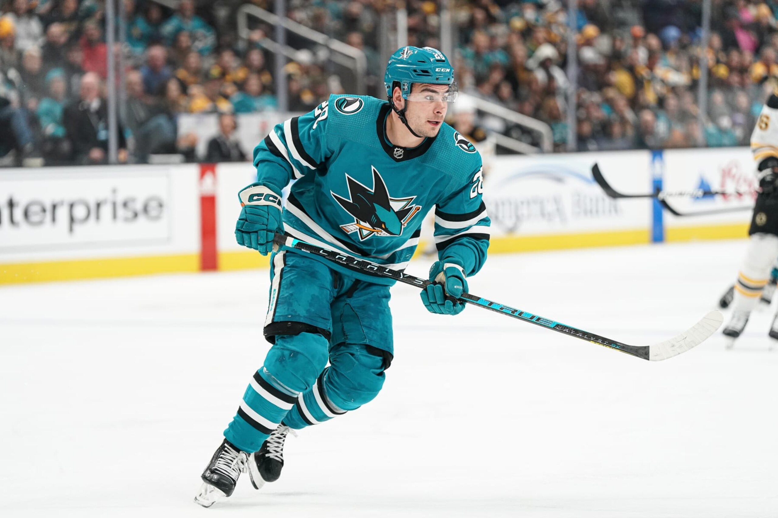 SAN JOSE, CA - JANUARY 7: Timo Meier #28 of the San Jose Sharks skates after the puck against the Boston Bruins at SAP Center on January 7, 2023 in San Jose, California. (Photo by Kavin Mistry/NHLI via Getty Images)