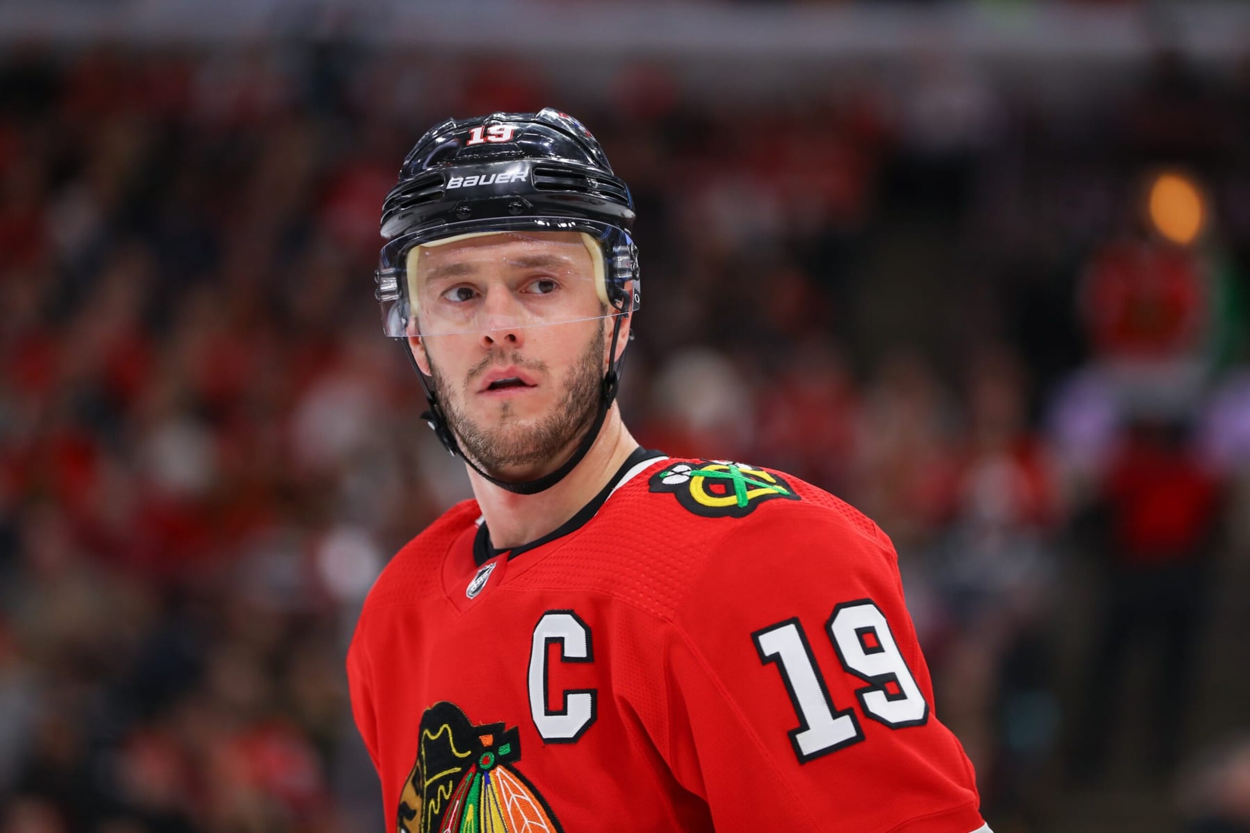 CHICAGO, IL - JANUARY 14: Chicago Blackhawks Center Jonathan Toews (19) looks on during a game between the Seattle Kraken and the Chicago Blackhawks on January 14, 2023 at the United Center in Chicago, IL. (Photo by Melissa Tamez/Icon Sportswire via Getty Images)