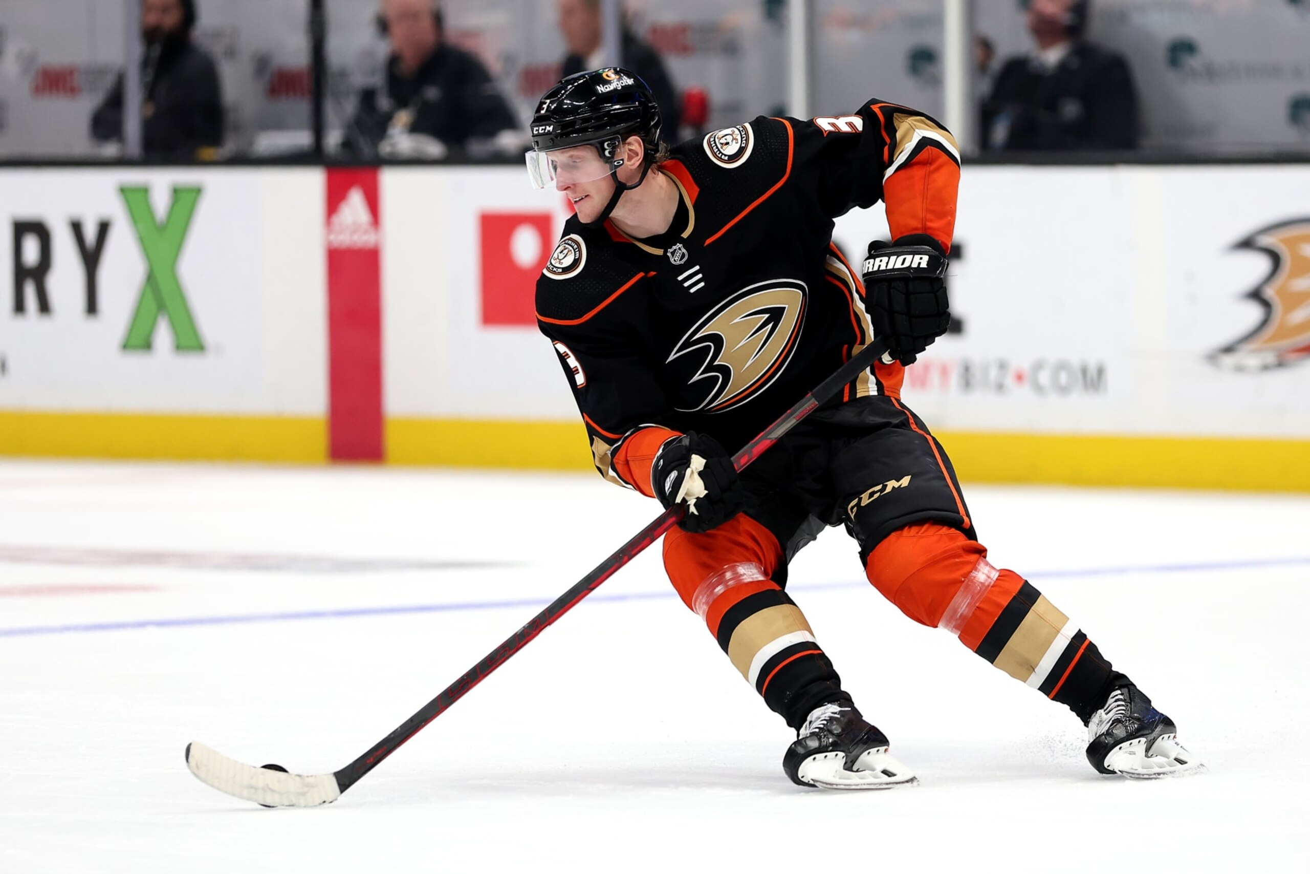 ANAHEIM, CALIFORNIA - JANUARY 13: John Klingberg #3 of the Anaheim Ducks skates with the puck during the third period of a game against the New Jersey Devils at Honda Center on January 13, 2023 in Anaheim, California. (Photo by Sean M. Haffey/Getty Images)