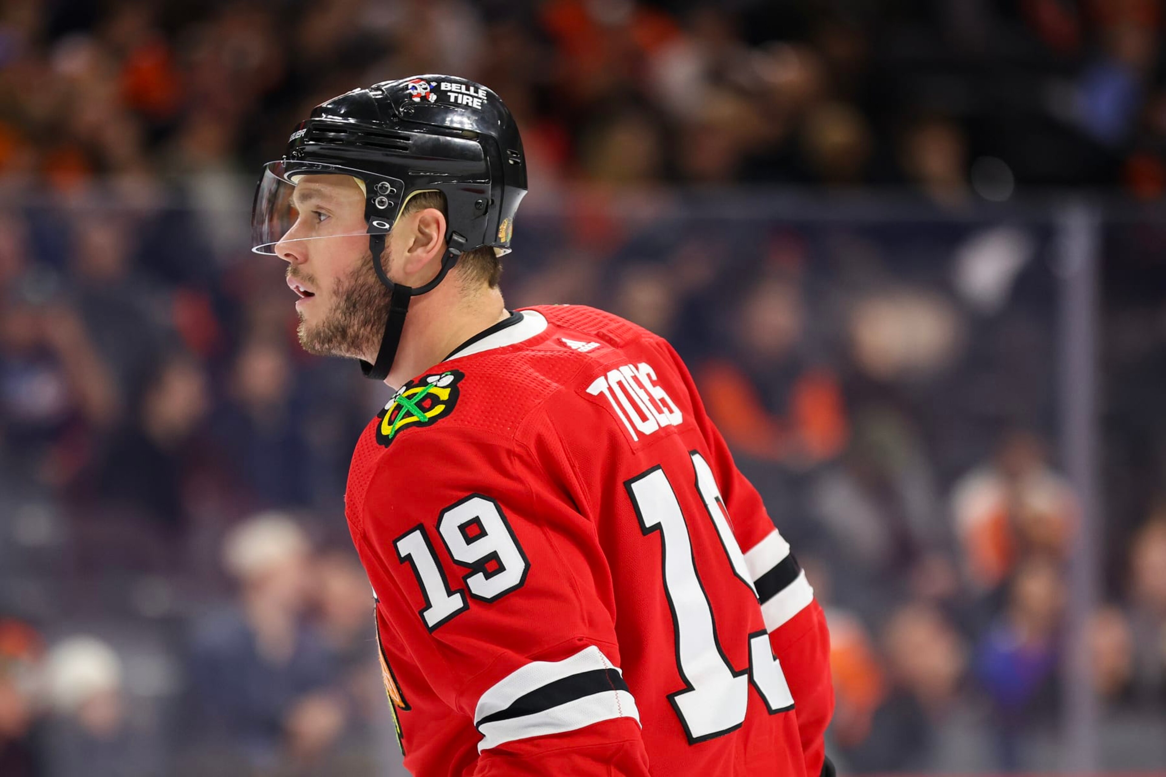 PHILADELPHIA, PENNSYLVANIA - JANUARY 19: Jonathan Toews #19 of the Chicago Blackhawks looks on against the Philadelphia Flyers at Wells Fargo Center on January 19, 2023 in Philadelphia, Pennsylvania. (Photo by Tim Nwachukwu/Getty Images) PHILADELPHIA, PENNSYLVANIA - JANUARY 19: Jonathan Toews #19 of the Chicago Blackhawks looks on against the Philadelphia Flyers at Wells Fargo Center on January 19, 2023 in Philadelphia, Pennsylvania. (Photo by Tim Nwachukwu/Getty Images)