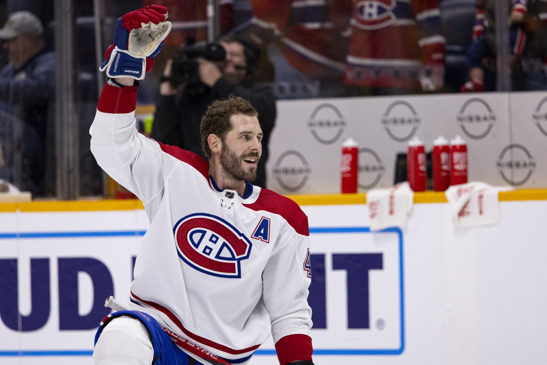 NASHVILLE, TN - JANUARY 03:  Joel Edmundson #44 of the Montreal Canadiens warms up before the game against the Nashville Predators at Bridgestone Arena on January 3, 2023 in Nashville, Tennessee. (Photo by Brett Carlsen/Getty Images)