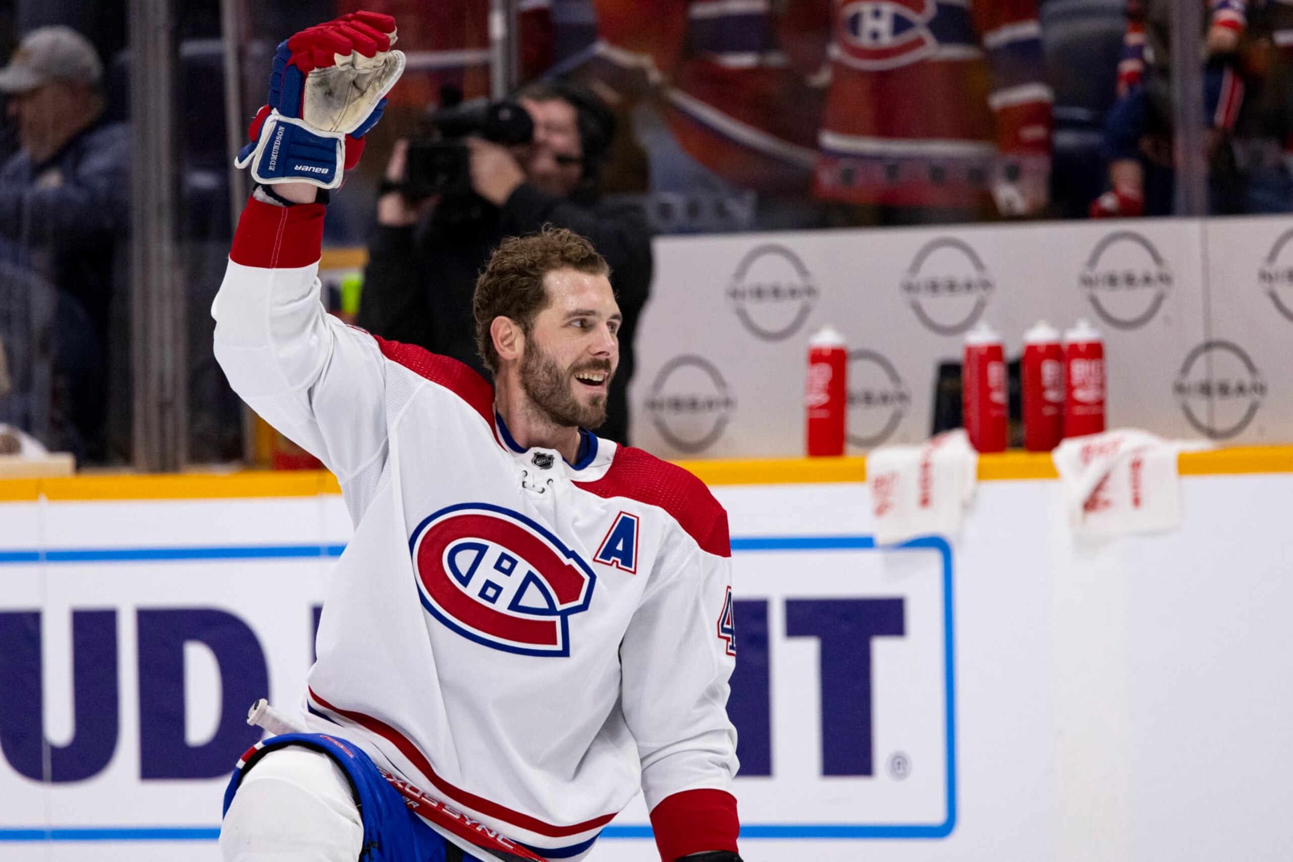 NASHVILLE, TN - JANUARY 03:  Joel Edmundson #44 of the Montreal Canadiens warms up before the game against the Nashville Predators at Bridgestone Arena on January 3, 2023 in Nashville, Tennessee. (Photo by Brett Carlsen/Getty Images)
