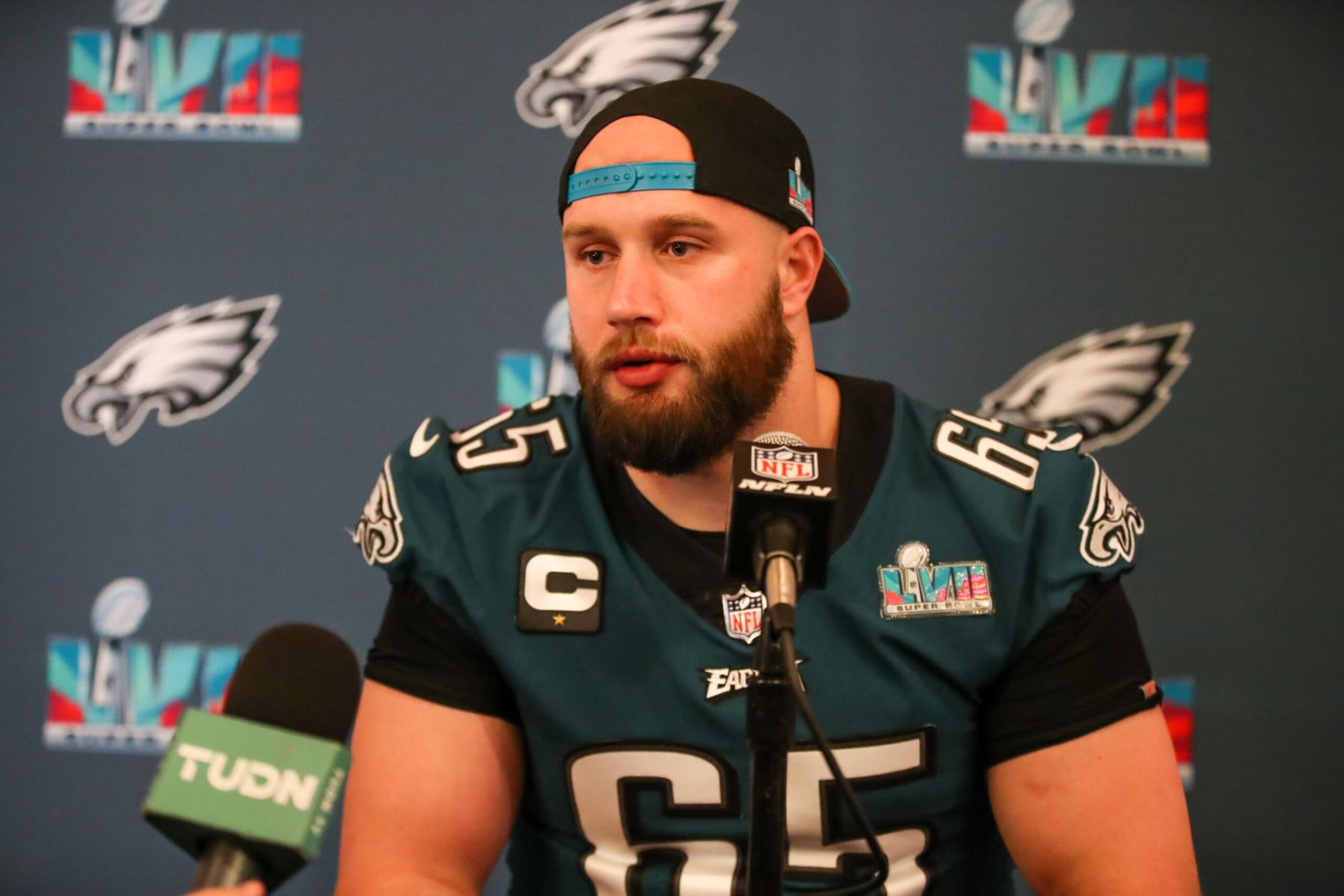 PHOENIX, AZ - FEBRUARY 09: Philadelphia Eagles offensive tackle Lane Johnson (65) talks with the media during the Super Bowl LVII Eagles Media Availability at Sheraton Grand at Wild Horse Pass on Thursday February 9, 2023  in Phoenix.AZ.  (Photo by Jevone Moore/Icon Sportswire via Getty Images)