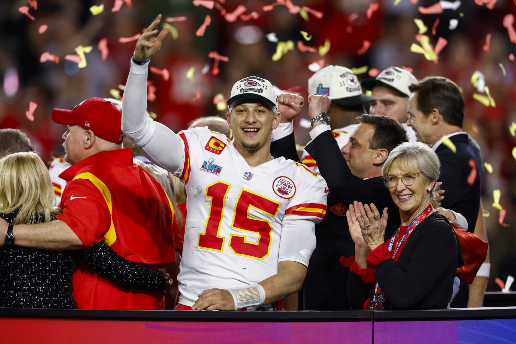 GLENDALE, AZ - FEBRUARY 12: Patrick Mahomes #15 of the Kansas City Chiefs celebrates after Super Bowl LVII against the Philadelphia Eagles at State Farm Stadium on February 12, 2023 in Glendale, Arizona. The Chiefs defeated the Eagles 38-35. (Photo by Kevin Sabitus/Getty Images)