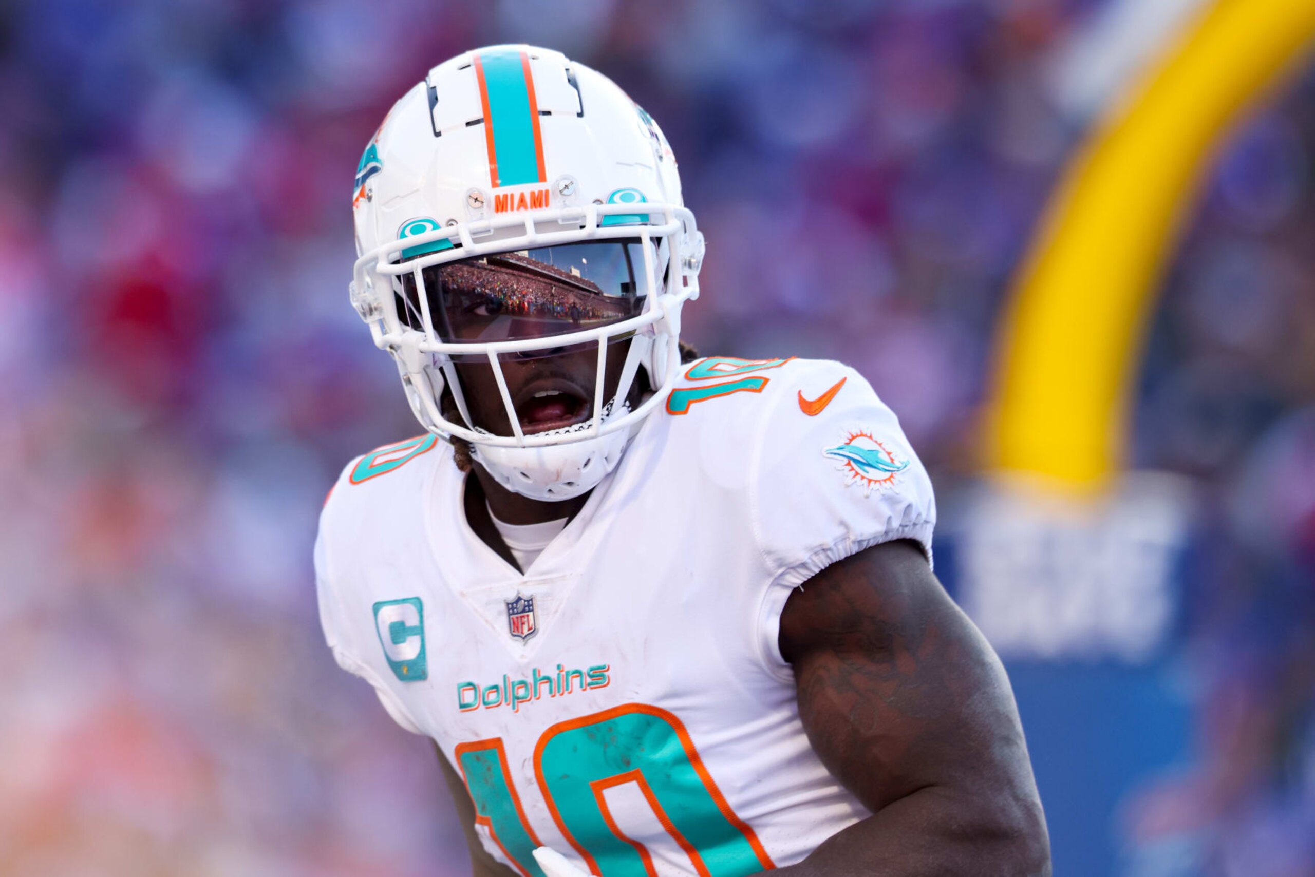 ORCHARD PARK, NEW YORK - JANUARY 15: Tyreek Hill #10 of the Miami Dolphins looks on against the Buffalo Bills during the first half in the AFC Wild Card playoff game at Highmark Stadium on January 15, 2023 in Orchard Park, New York. (Photo by Bryan M. Bennett/Getty Images)