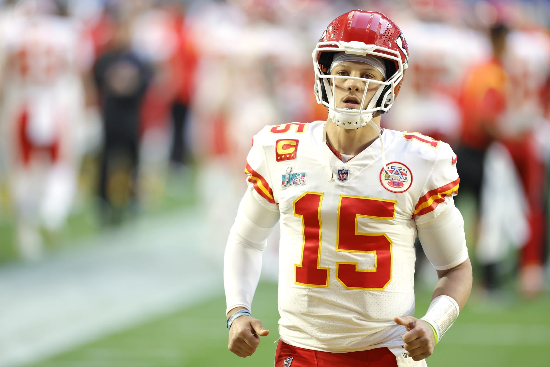GLENDALE, ARIZONA - FEBRUARY 12: Patrick Mahomes #15 of the Kansas City Chiefs runs onto the field before playing against the Philadelphia Eagles in Super Bowl LVII at State Farm Stadium on February 12, 2023 in Glendale, Arizona. (Photo by Carmen Mandato/Getty Images)