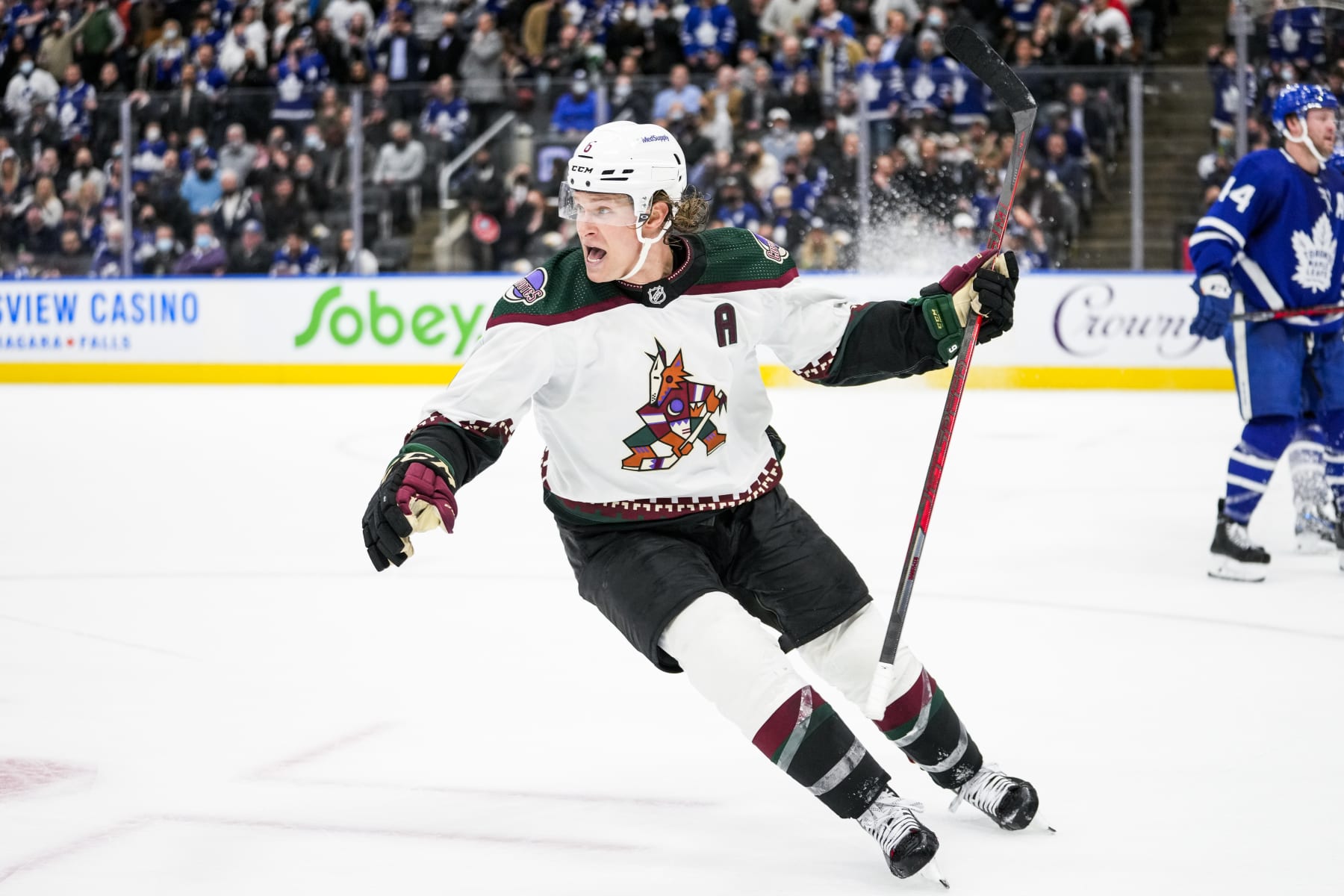 TORONTO, ON - MARCH 10: Jakob Chychrun #6 of the Arizona Coyotes celebrates after scoring the game winning goal in overtime against the Toronto Maple Leafs at the Scotiabank Arena on March 10, 2022 in Toronto, Ontario, Canada. (Photo by Andrew Lahodynskyj/NHLI via Getty Images)