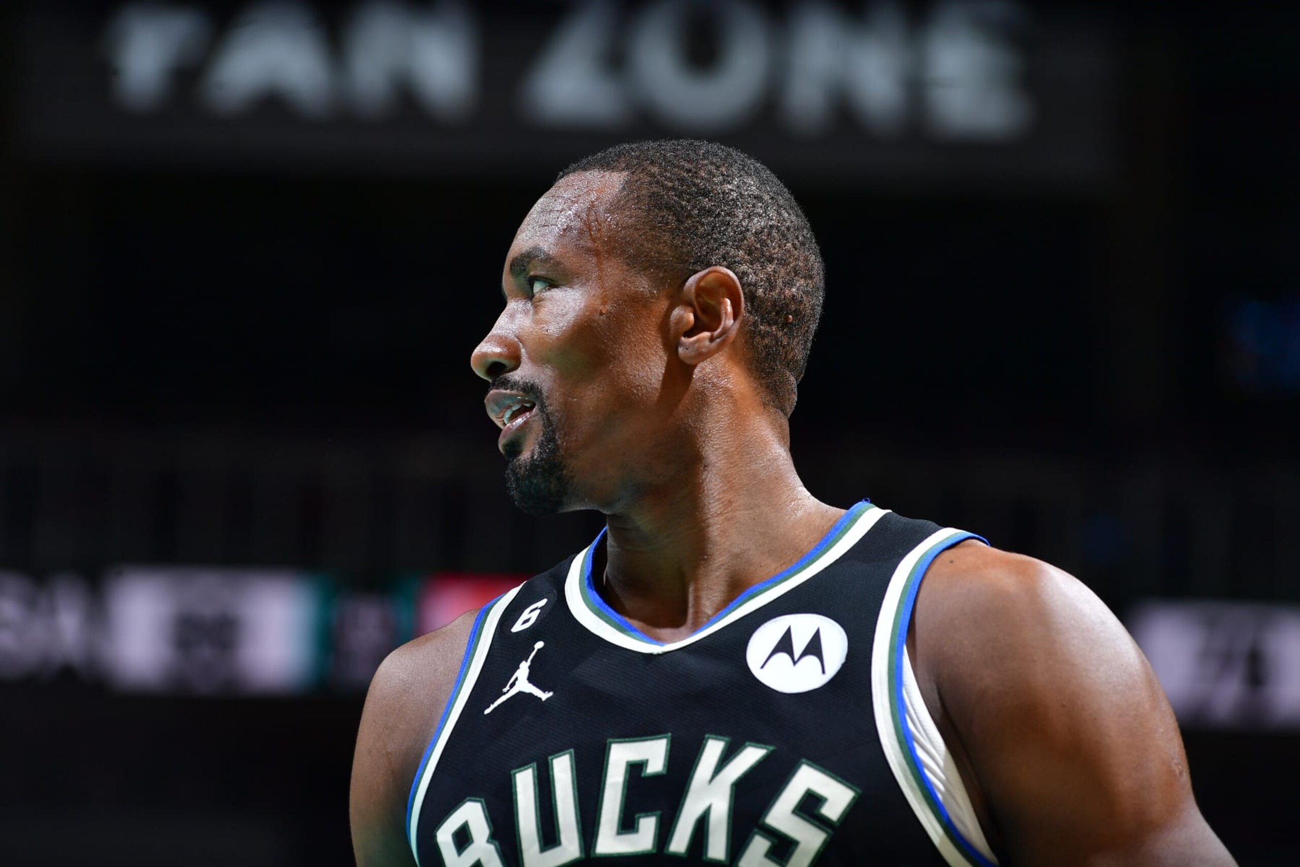 SAN ANTONIO, TX - NOVEMBER 11: Serge Ibaka #25 of the Milwaukee Bucks stands on the court during the game against the San Antonio Spurs on November 11, 2022 at the AT&T Center in San Antonio, Texas. NOTE TO USER: User expressly acknowledges and agrees that, by downloading and or using this photograph, user is consenting to the terms and conditions of the Getty Images License Agreement. Mandatory Copyright Notice: Copyright 2022 NBAE (Photos by Michael Gonzales/NBAE via Getty Images)