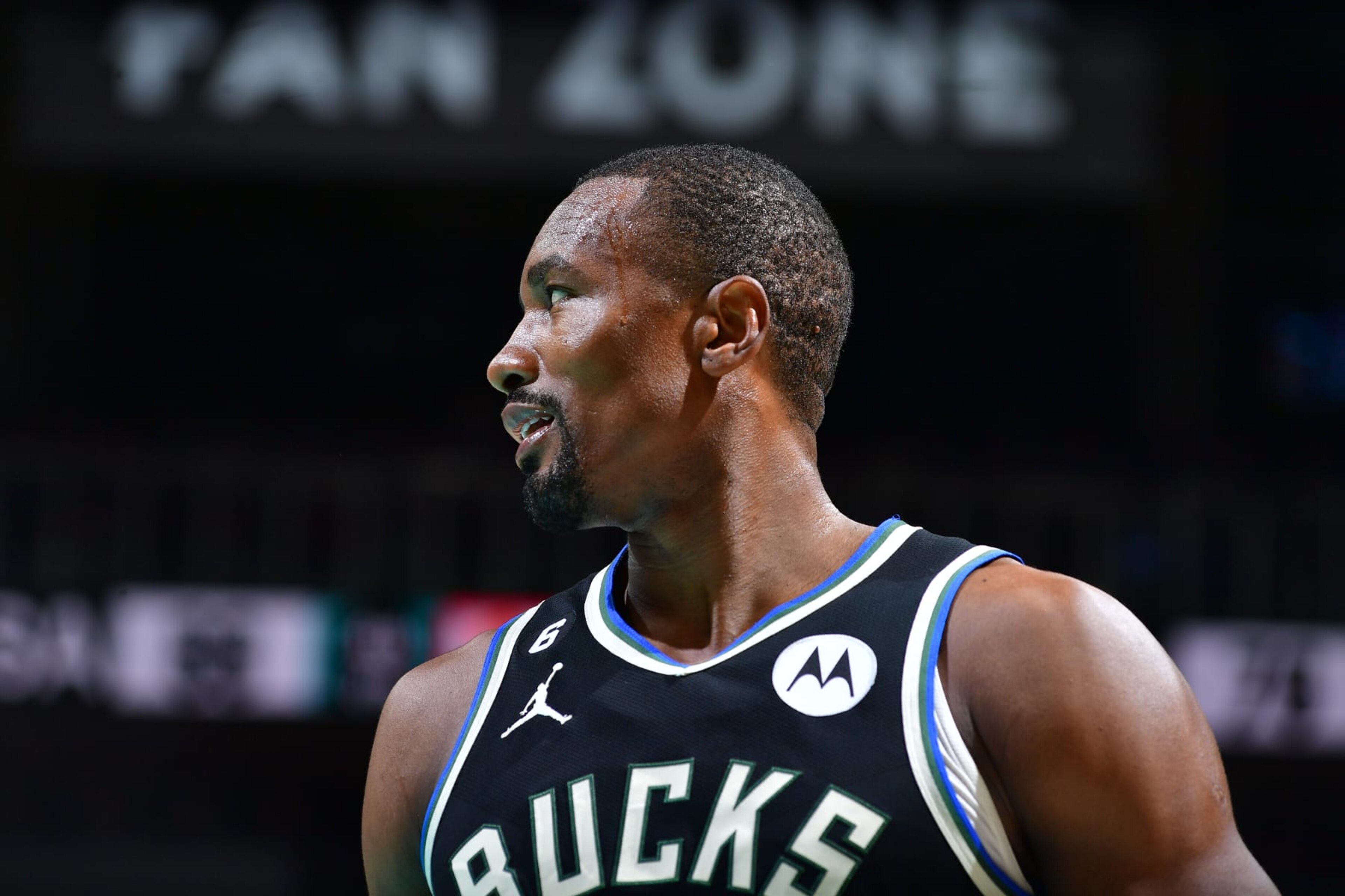 SAN ANTONIO, TX - NOVEMBER 11: Serge Ibaka #25 of the Milwaukee Bucks stands on the court during the game against the San Antonio Spurs on November 11, 2022 at the AT&T Center in San Antonio, Texas. NOTE TO USER: User expressly acknowledges and agrees that, by downloading and or using this photograph, user is consenting to the terms and conditions of the Getty Images License Agreement. Mandatory Copyright Notice: Copyright 2022 NBAE (Photos by Michael Gonzales/NBAE via Getty Images)