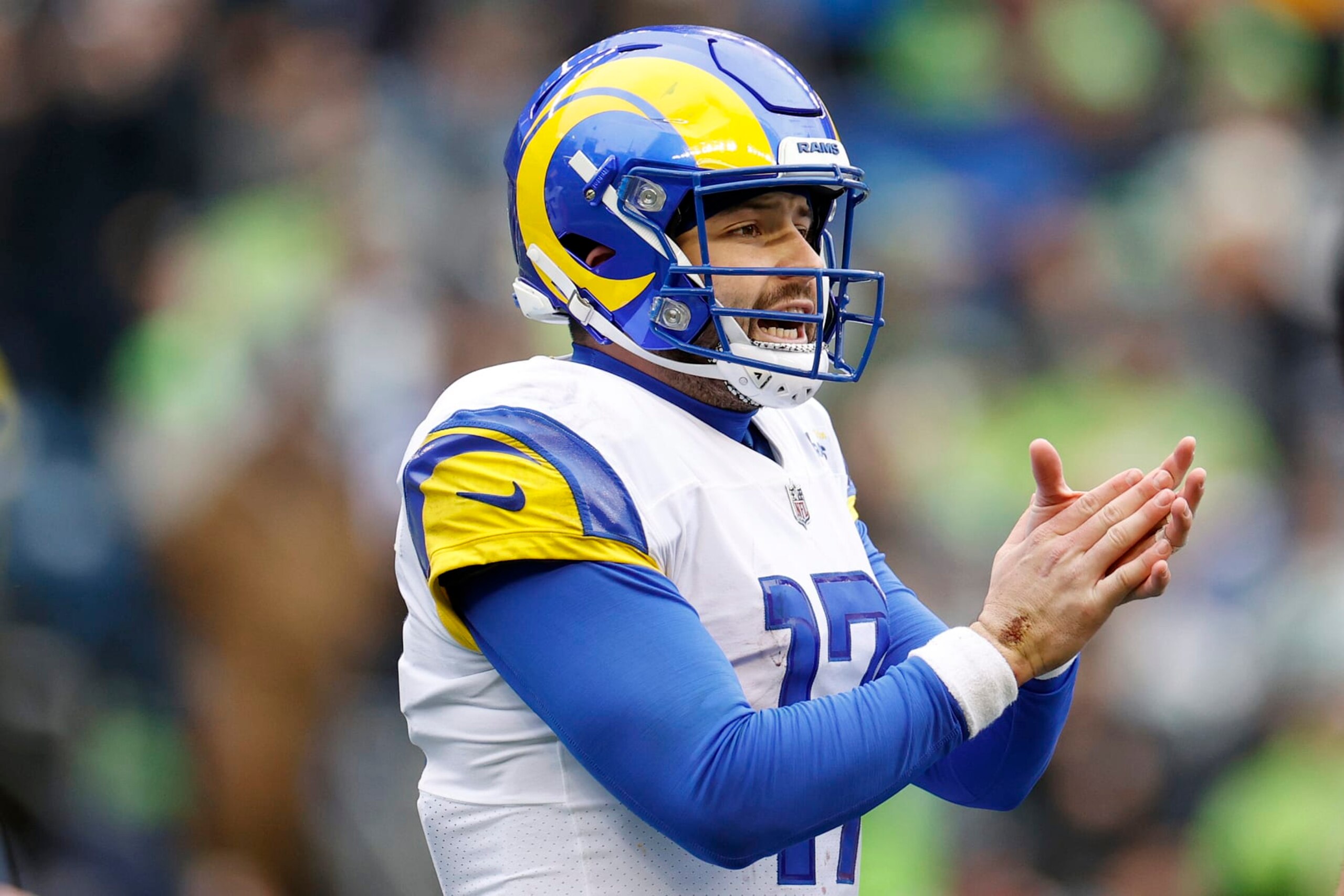 SEATTLE, WASHINGTON - JANUARY 08: Baker Mayfield #17 of the Los Angeles Rams looks on during the first quarter against the Seattle Seahawks at Lumen Field on January 08, 2023 in Seattle, Washington. (Photo by Steph Chambers/Getty Images) SEATTLE, WASHINGTON - JANUARY 08: Baker Mayfield #17 of the Los Angeles Rams looks on during the first quarter against the Seattle Seahawks at Lumen Field on January 08, 2023 in Seattle, Washington. (Photo by Steph Chambers/Getty Images)