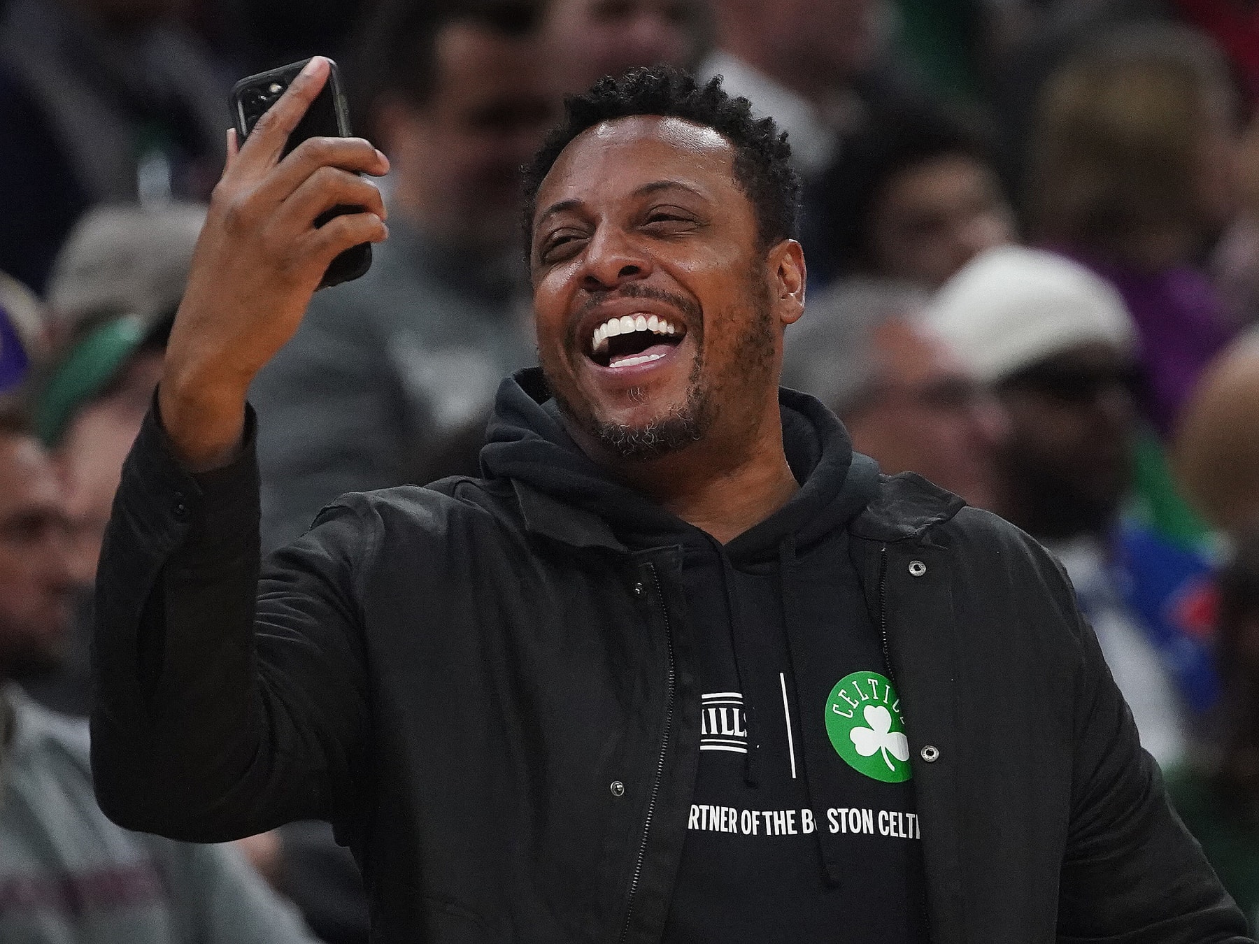 Boston, MA - January 28: Former Boston Celtic Paul Pierce laughs as the game goes into overtime. The Celtics beat the Los Angeles Lakers, 125-121. (Photo by Barry Chin/The Boston Globe via Getty Images)