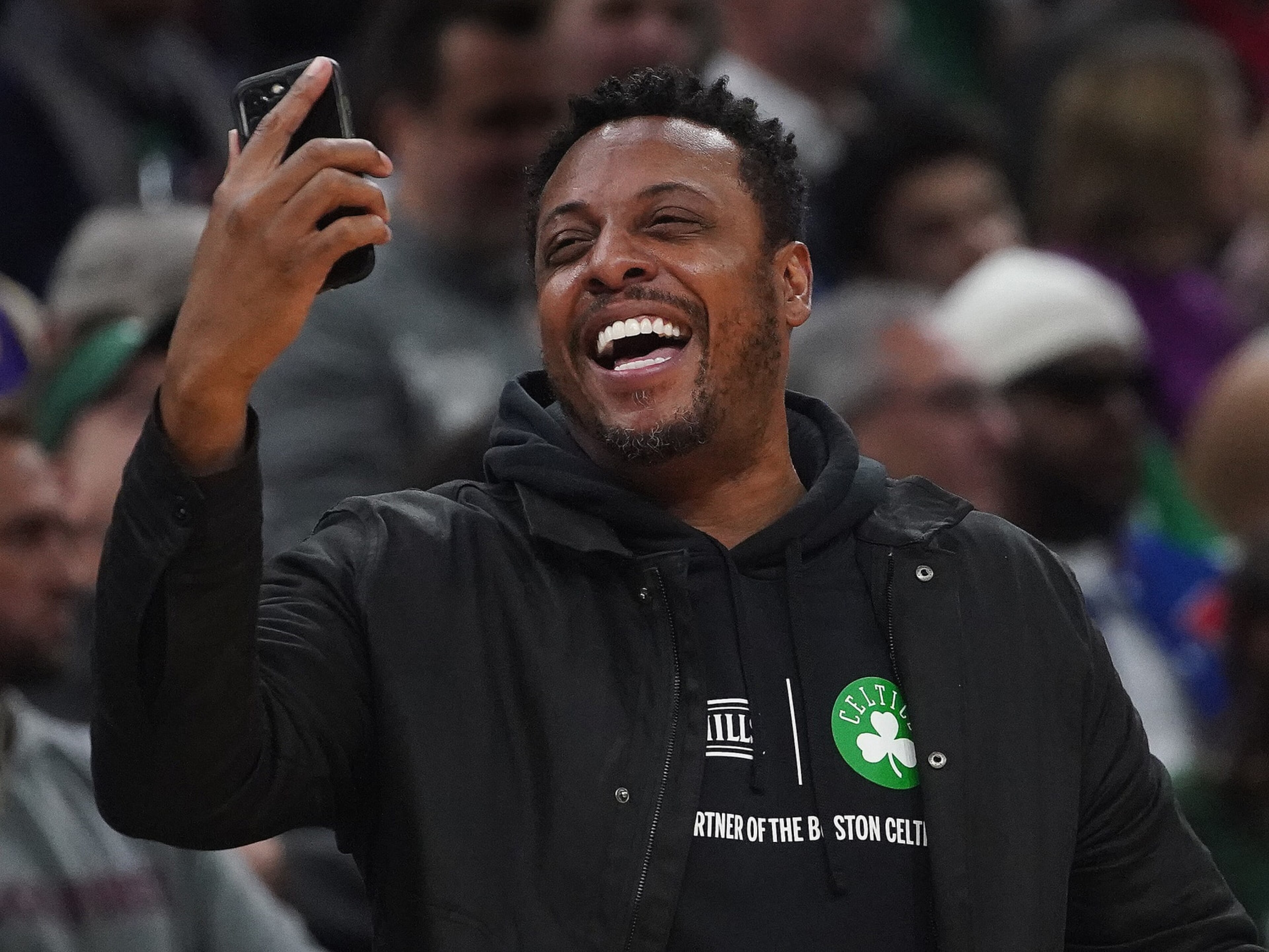 Boston, MA - January 28: Former Boston Celtic Paul Pierce laughs as the game goes into overtime. The Celtics beat the Los Angeles Lakers, 125-121. (Photo by Barry Chin/The Boston Globe via Getty Images)