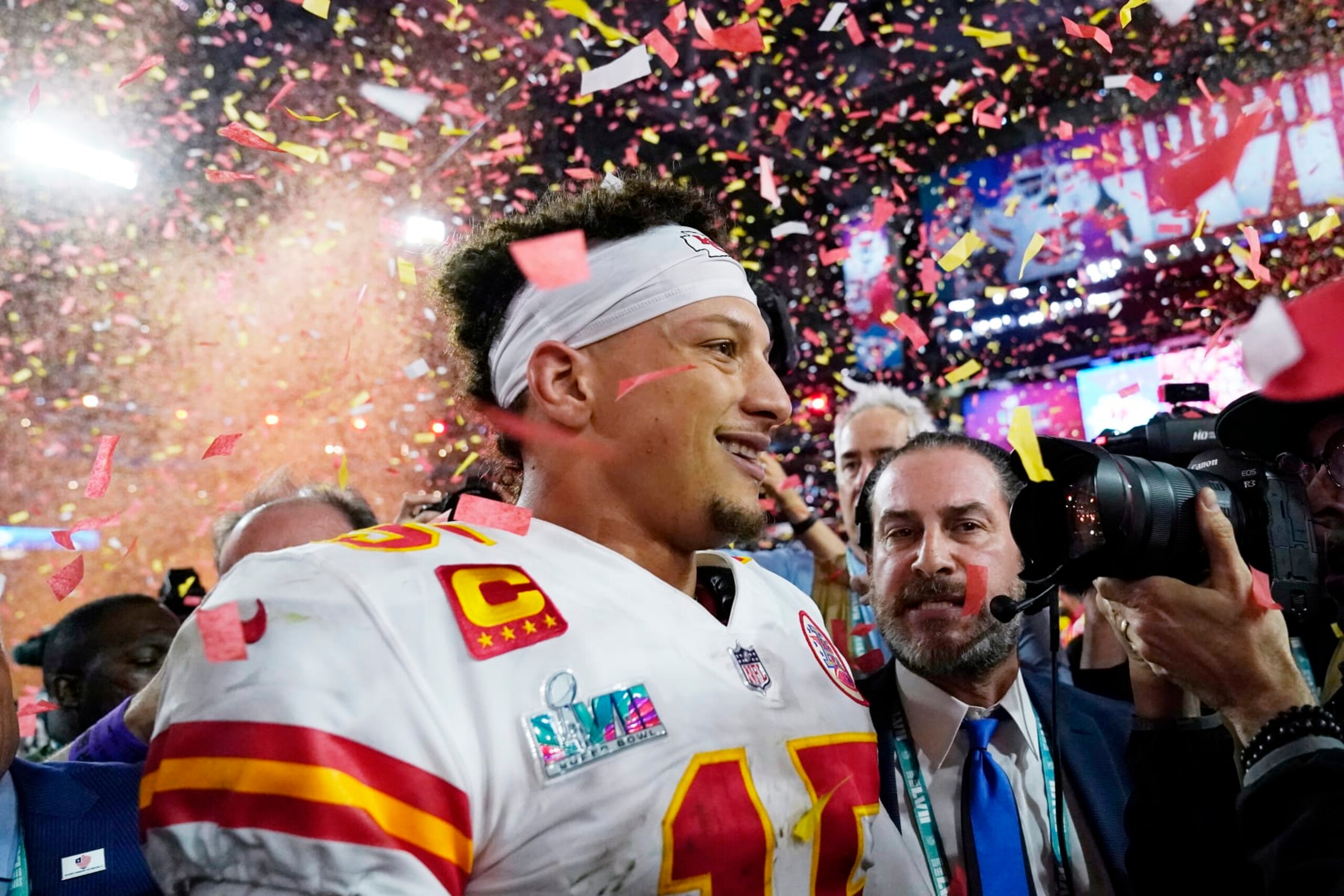 Kansas City Chiefs quarterback Patrick Mahomes (15) celebrates after winning the NFL Super Bowl 57 football game, Sunday, Feb. 12, 2023, in Glendale, Ariz. The Chiefs defeated the Philadelphia Eagles 38-35. (AP Photo/Abbie Parr)