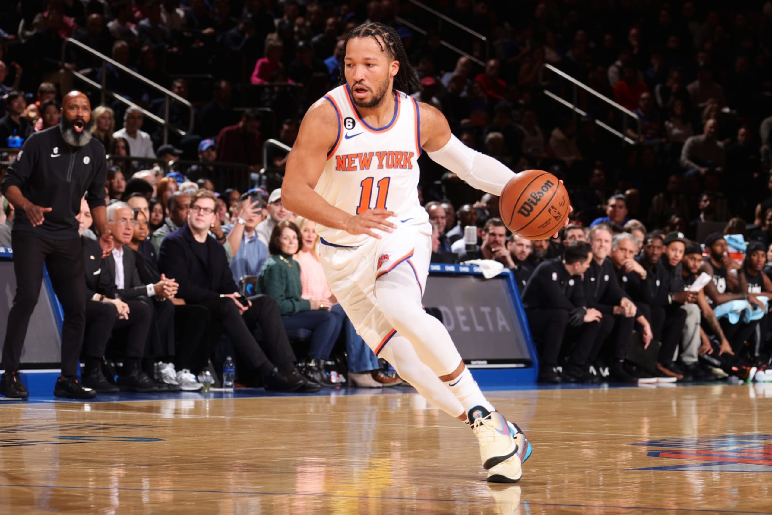 NEW YORK, NY - FEBRUARY 13: Jalen Brunson #11 of the New York Knicks drives to the basket during the game against the Brooklyn Nets on February 13, 2023 at Madison Square Garden in New York City, New York.  NOTE TO USER: User expressly acknowledges and agrees that, by downloading and or using this photograph, User is consenting to the terms and conditions of the Getty Images License Agreement. Mandatory Copyright Notice: Copyright 2023 NBAE  (Photo by Nathaniel S. Butler/NBAE via Getty Images)