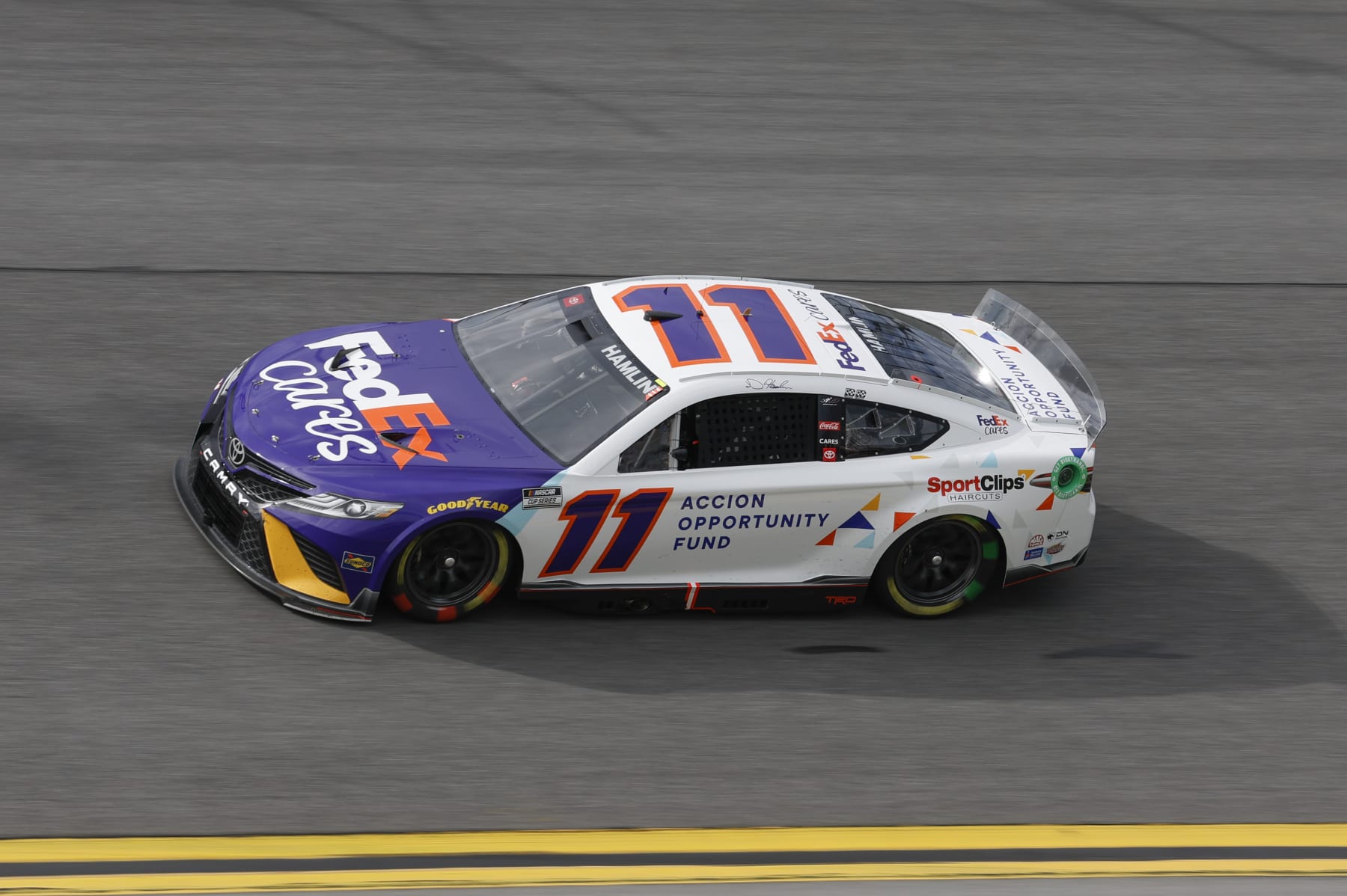 DAYTONA, FL - AUGUST 28: Denny Hamlin (#11 Joe Gibbs Racing FedEx Cares Toyota) during the NASCAR Cup Series Coke Zero Sugar 400 at Daytona on August 28, 2022 at Daytona International Speedway in Daytona Beach, Fl. (Photo by David Rosenblum/Icon Sportswire via Getty Images)