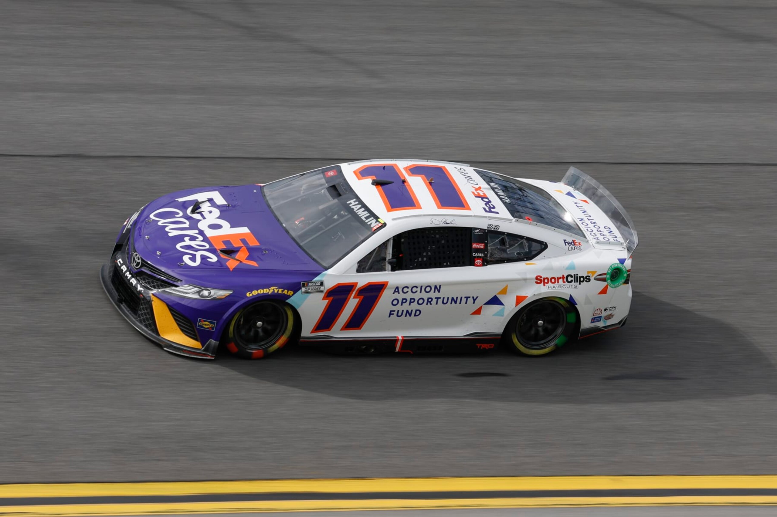 DAYTONA, FL - AUGUST 28: Denny Hamlin (#11 Joe Gibbs Racing FedEx Cares Toyota) during the NASCAR Cup Series Coke Zero Sugar 400 at Daytona on August 28, 2022 at Daytona International Speedway in Daytona Beach, Fl. (Photo by David Rosenblum/Icon Sportswire via Getty Images)