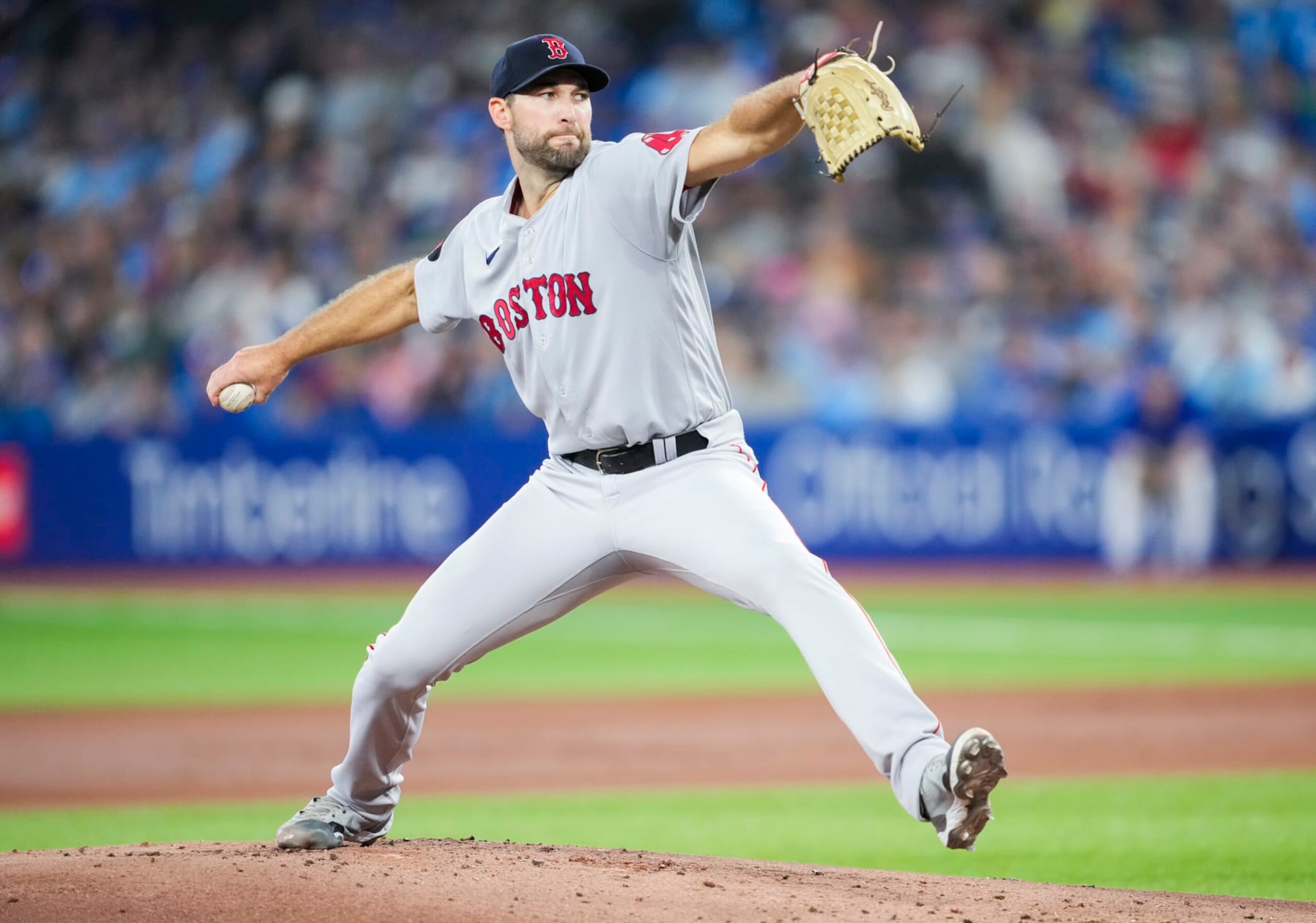 TORONTO, ON - OCTOBER 2: Michael Wacha #52 of the Boston Red Sox pitches to the Toronto Blue Jays during the first inning in their MLB game at the Rogers Centre on October 2, 2022 in Toronto, Ontario, Canada. (Photo by Mark Blinch/Getty Images)