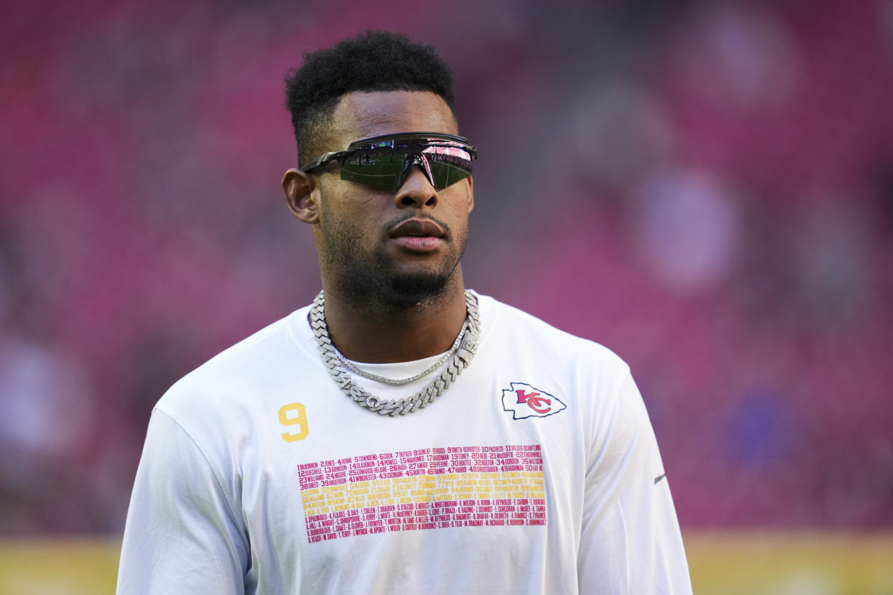 GLENDALE, AZ - FEBRUARY 12: JuJu Smith-Schuster #9 of the Kansas City Chiefs warms up against the Philadelphia Eagles prior to Super Bowl LVII at State Farm Stadium on February 12, 2023 in Glendale, Arizona. (Photo by Cooper Neill/Getty Images)