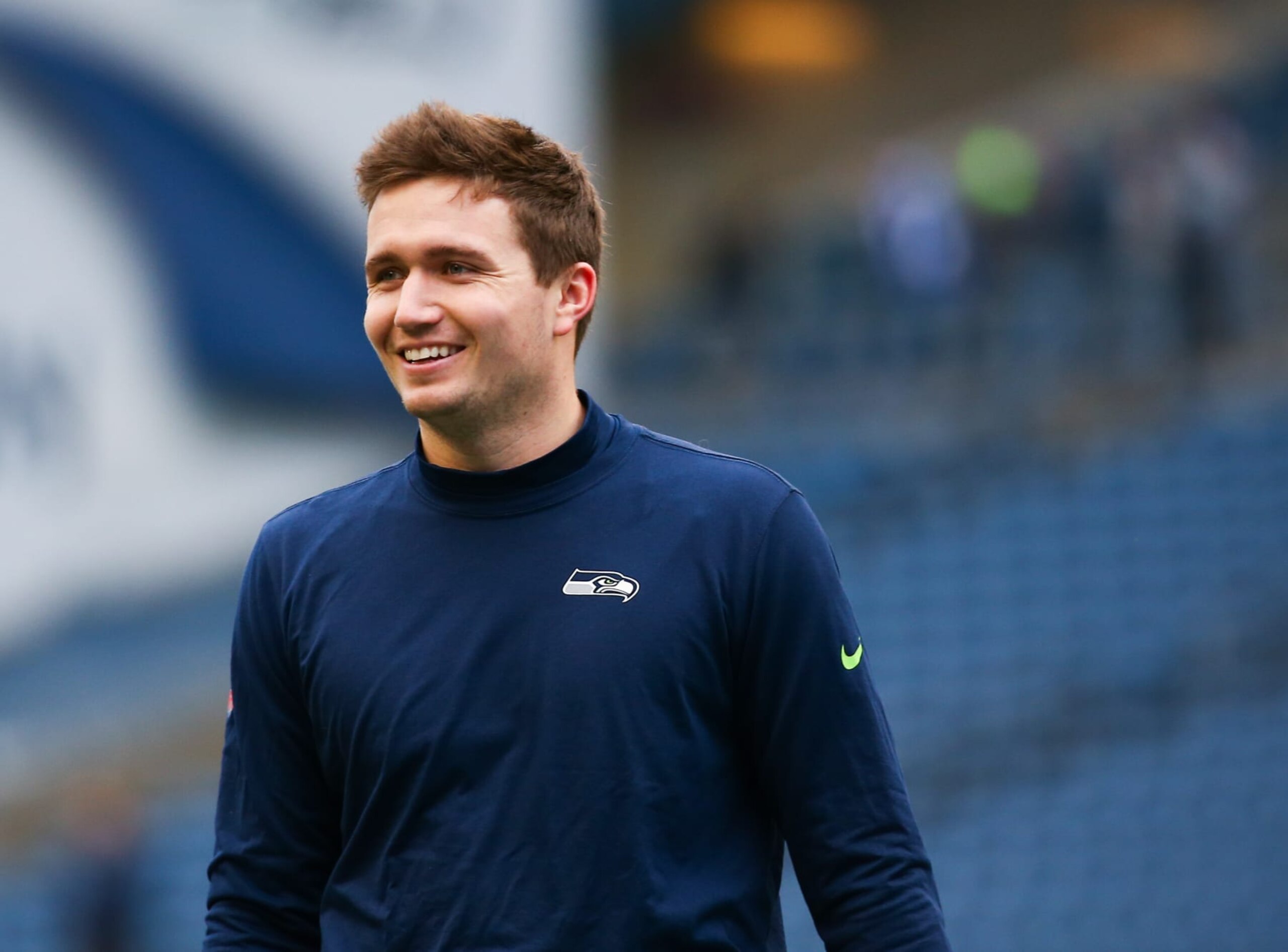 SEATTLE, WA - JANUARY 01:  Drew Lock #2 of the Seattle Seahawks smiles during warmups before the game against the New York Jets at Lumen Field on January 1, 2023 in Seattle, Washington. The Seahawks won 23-6.  (Photo by Lindsey Wasson/Getty Images)