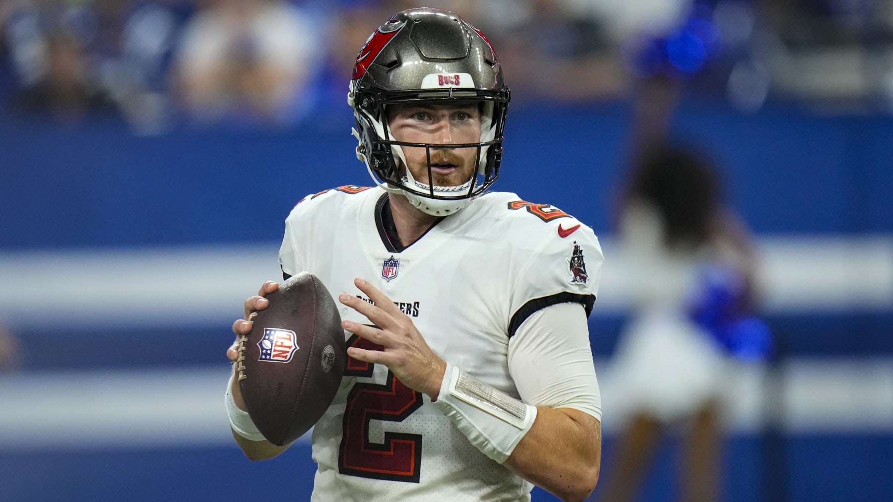 Tampa Bay Buccaneers quarterback Kyle Trask (2) throws against the Indianapolis Colts in the first half of an NFL preseason preseason football game in Indianapolis, Saturday, Aug. 27, 2022. (AP Photo/AJ Mast)