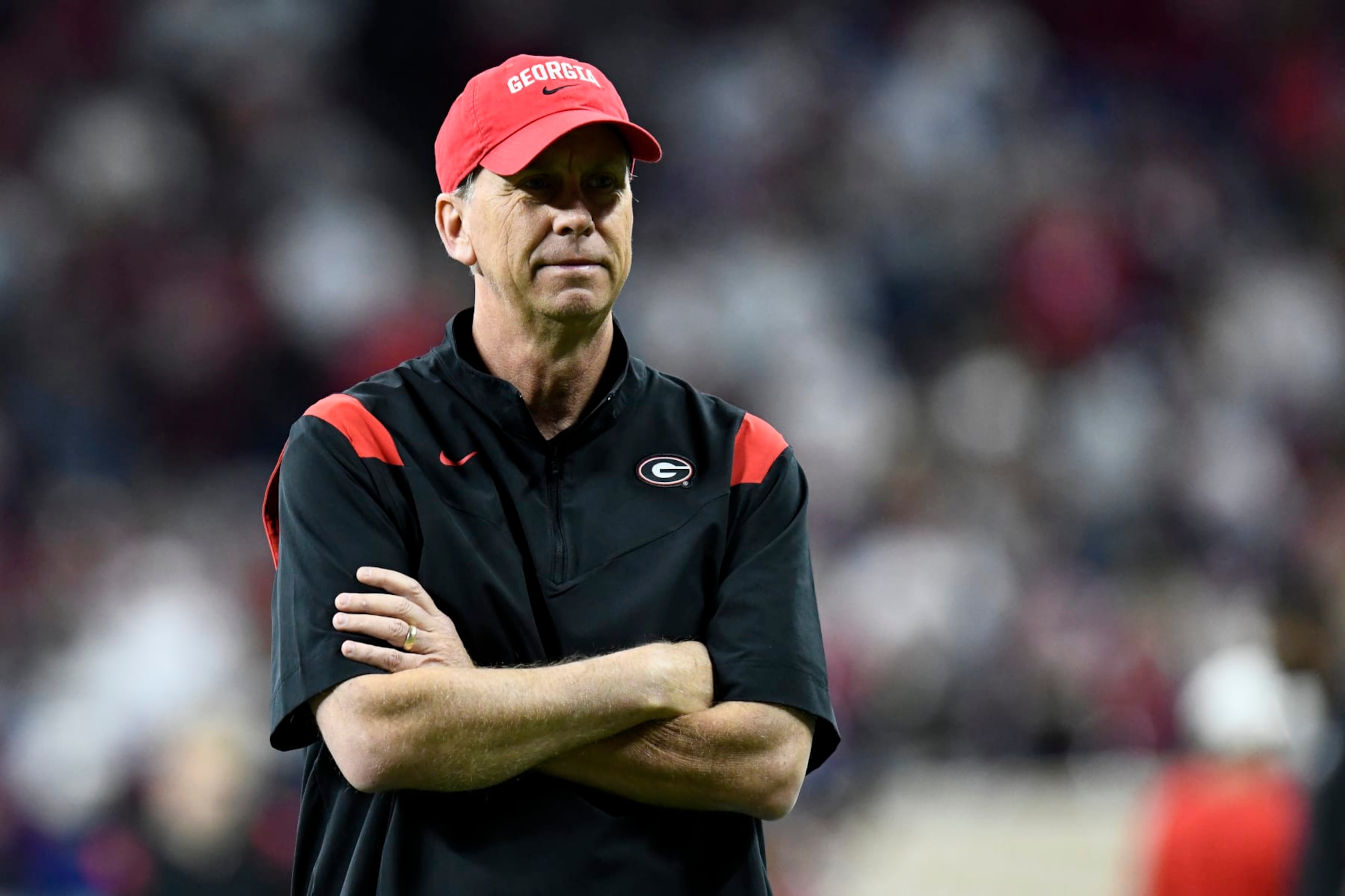 INDIANAPOLIS, IN - JANUARY 10: Georgia Bulldogs offensive coordinator Todd Monken looks on before the Alabama Crimson Tide versus the Georgia Bulldogs in the College Football Playoff National Championship, on January 10, 2022, at Lucas Oil Stadium in Indianapolis, IN. (Photo by Michael Allio/Icon Sportswire via Getty Images)