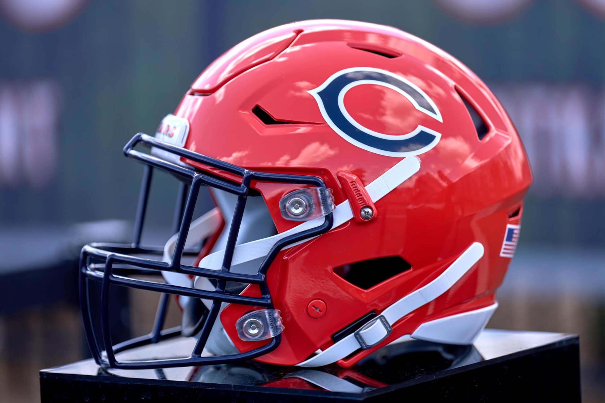 LAKE FOREST, IL - JULY 30: A detail view of a Chicago Bears alternate orange helmet is seen during the the Chicago Bears Training Camp on July 30, 2022 at Halas Hall in Lake Forest, IL. (Photo by Robin Alam/Icon Sportswire via Getty Images)