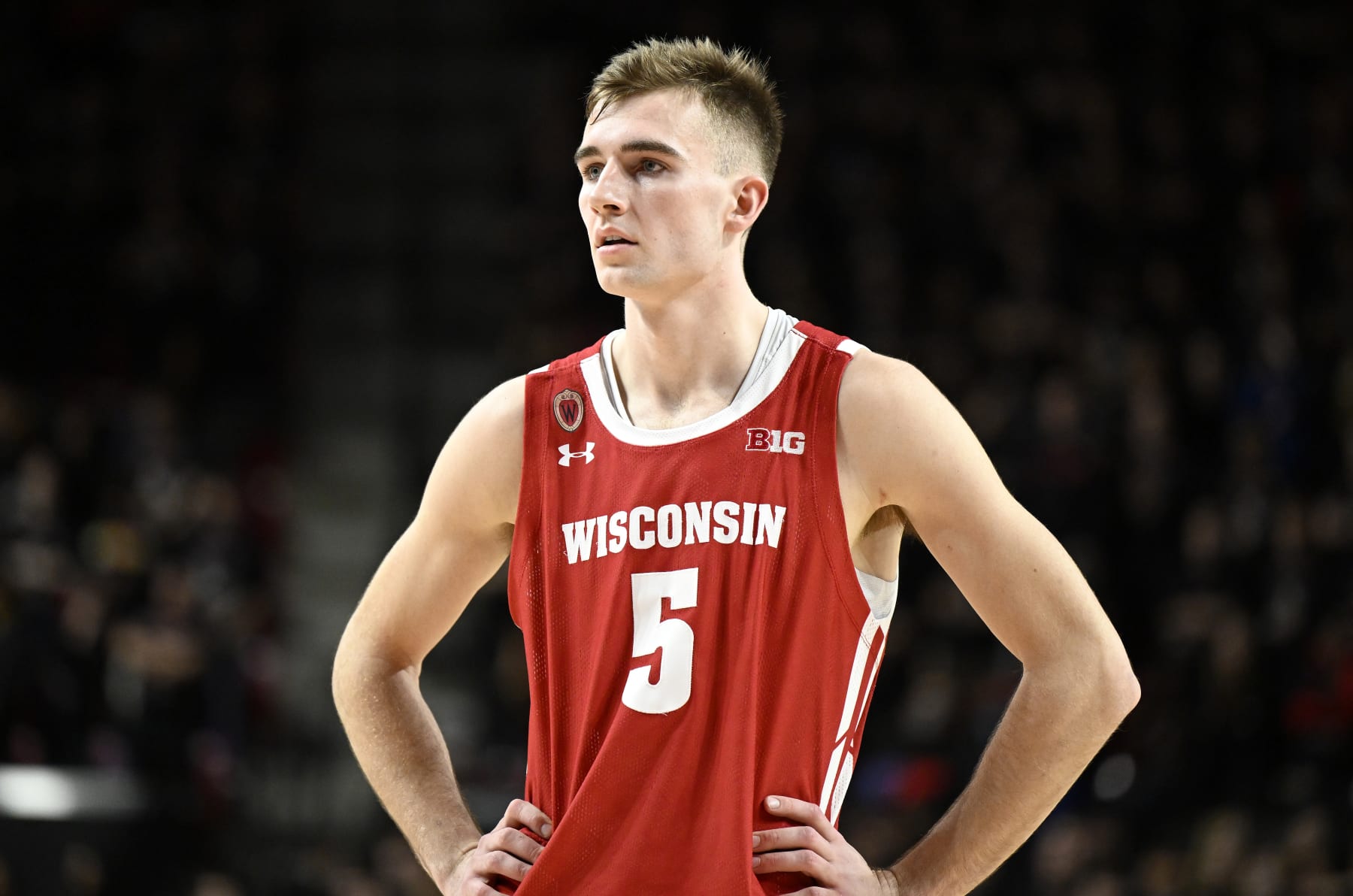 COLLEGE PARK, MARYLAND - JANUARY 25: Tyler Wahl #5 of the Wisconsin Badgers rests during a break in the game against the Maryland Terrapins at Xfinity Center on January 25, 2023 in College Park, Maryland. (Photo by G Fiume/Getty Images)