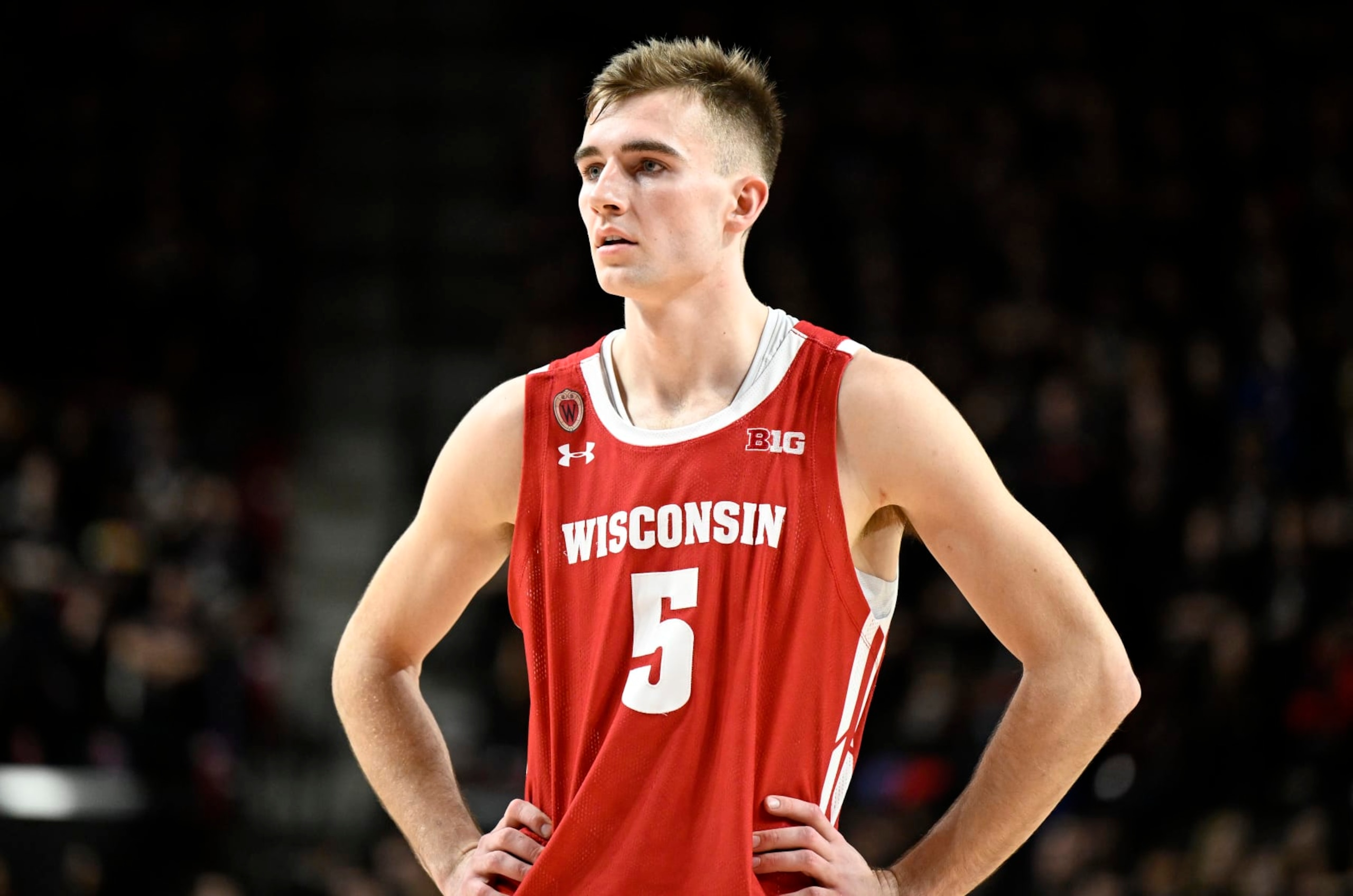 COLLEGE PARK, MARYLAND - JANUARY 25: Tyler Wahl #5 of the Wisconsin Badgers rests during a break in the game against the Maryland Terrapins at Xfinity Center on January 25, 2023 in College Park, Maryland. (Photo by G Fiume/Getty Images)