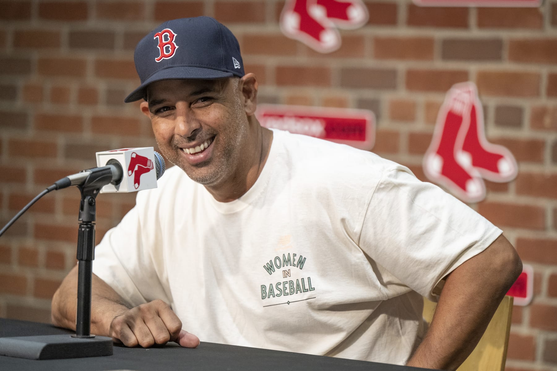 fBOSTON, MA - JULY 29: Alex Cora #13 of the Boston Red Sox addresses the media ahead of a game against the Milwaukee Brewers on July 29, 2022 at Fenway Park in Boston, Massachusetts. (Photo by Maddie Malhotra/Boston Red Sox/Getty Images)