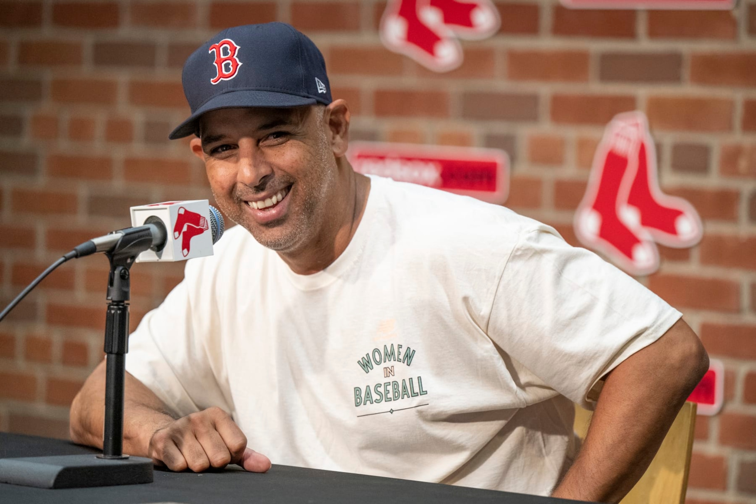 fBOSTON, MA - JULY 29: Alex Cora #13 of the Boston Red Sox addresses the media ahead of a game against the Milwaukee Brewers on July 29, 2022 at Fenway Park in Boston, Massachusetts. (Photo by Maddie Malhotra/Boston Red Sox/Getty Images)