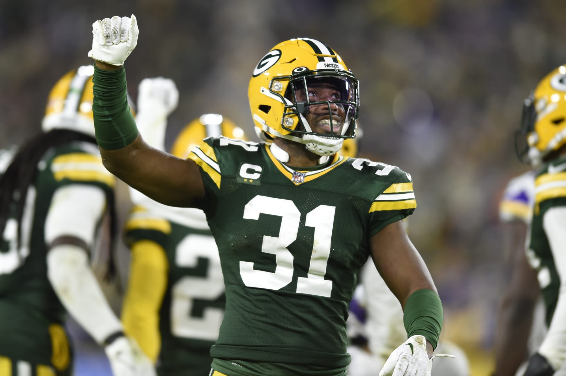 GREEN BAY, WISCONSIN - JANUARY 01: Adrian Amos #31 of the Green Bay Packers reacts to a missed field goal by the Minnesota Vikings during the first half at Lambeau Field on January 01, 2023 in Green Bay, Wisconsin. (Photo by Kayla Wolf/Getty Images)
