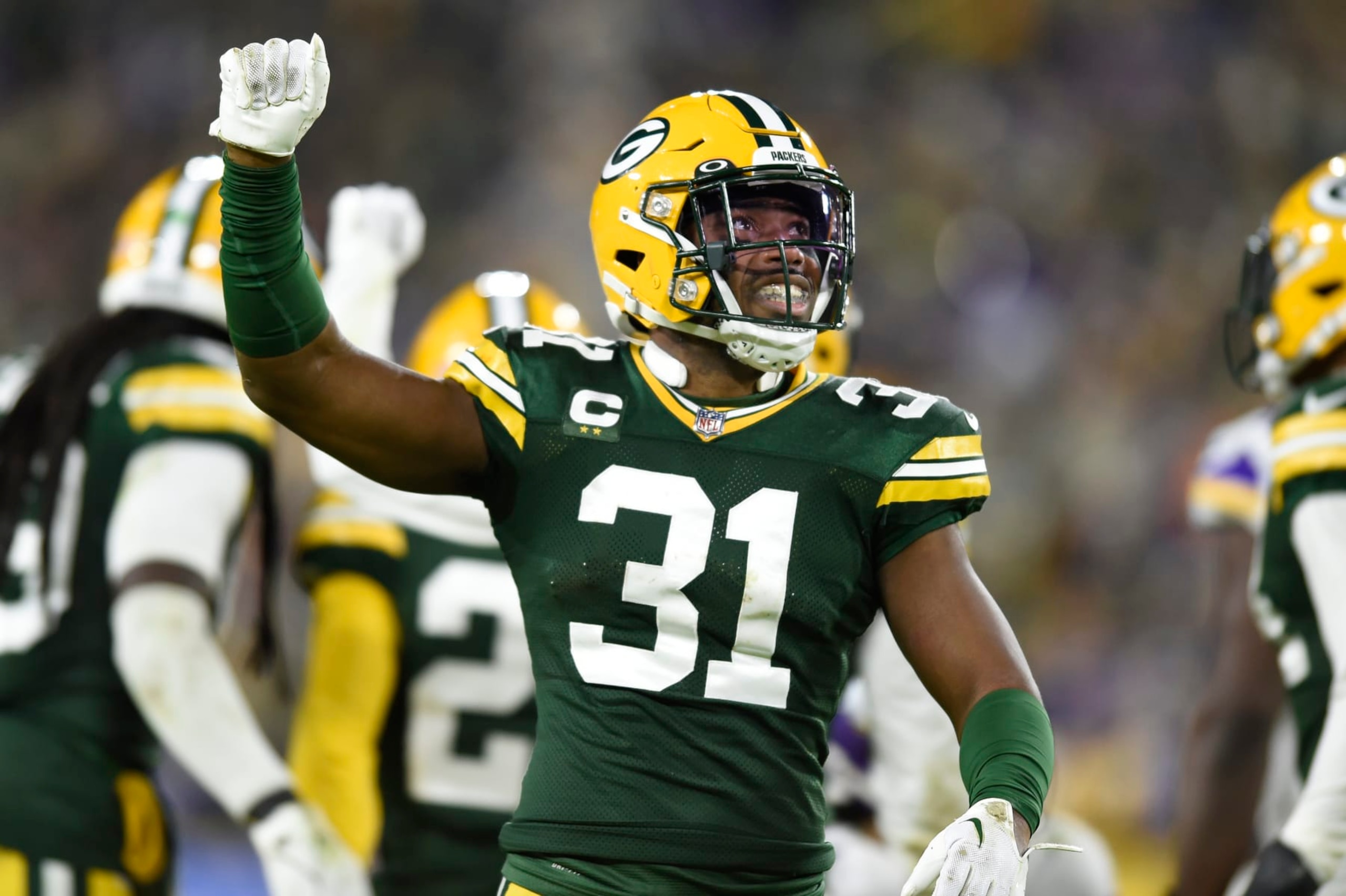 GREEN BAY, WISCONSIN - JANUARY 01: Adrian Amos #31 of the Green Bay Packers reacts to a missed field goal by the Minnesota Vikings during the first half at Lambeau Field on January 01, 2023 in Green Bay, Wisconsin. (Photo by Kayla Wolf/Getty Images)