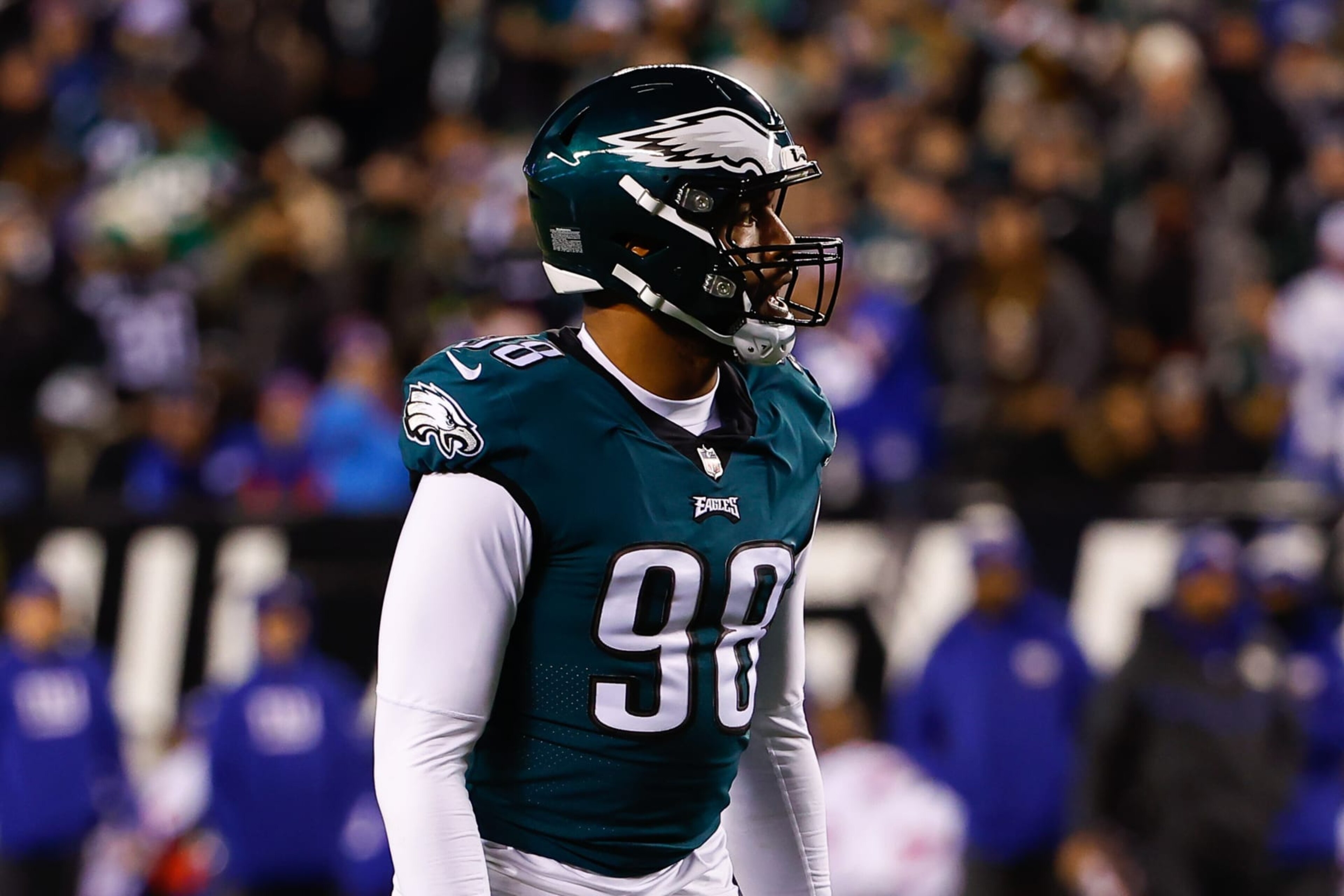 PHILADELPHIA, PA - JANUARY 21: Philadelphia Eagles defensive end Robert Quinn (98) during the NFC Divisional playoff game between the Philadelphia Eagles and the New York Giants on January 21, 2023 at Lincoln Financial Field in Philadelphia, Pennsylvania. (Photo by Rich Graessle/Icon Sportswire via Getty Images) PHILADELPHIA, PA - JANUARY 21: Philadelphia Eagles defensive end Robert Quinn (98) during the NFC Divisional playoff game between the Philadelphia Eagles and the New York Giants on January 21, 2023 at Lincoln Financial Field in Philadelphia, Pennsylvania. (Photo by Rich Graessle/Icon Sportswire via Getty Images)