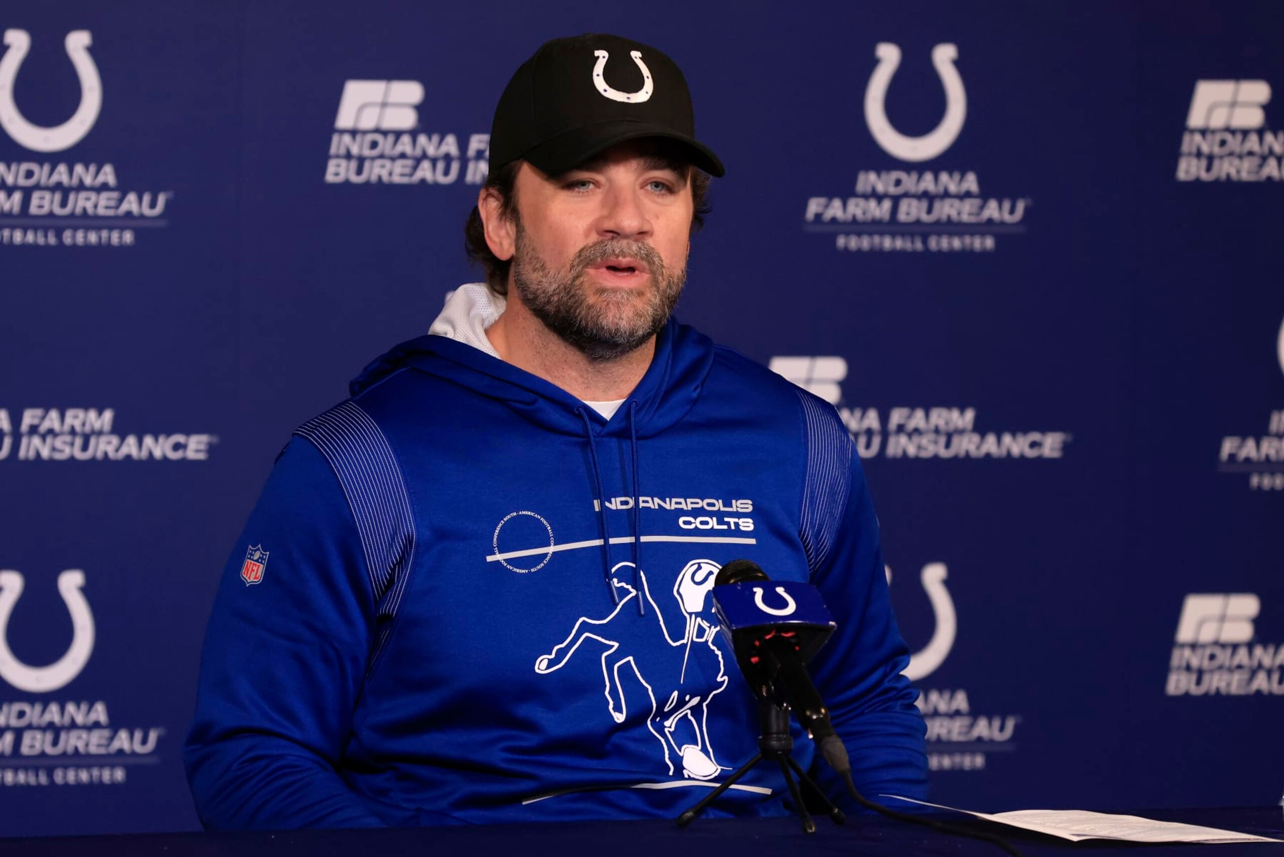 INDIANAPOLIS, INDIANA - JANUARY 09: Interim head coach Jeff Saturday of the Indianapolis Colts speaks to media at a press conference at the Indiana Farm Bureau Football Center on January 09, 2023 in Indianapolis, Indiana. (Photo by Justin Casterline/Getty Images)